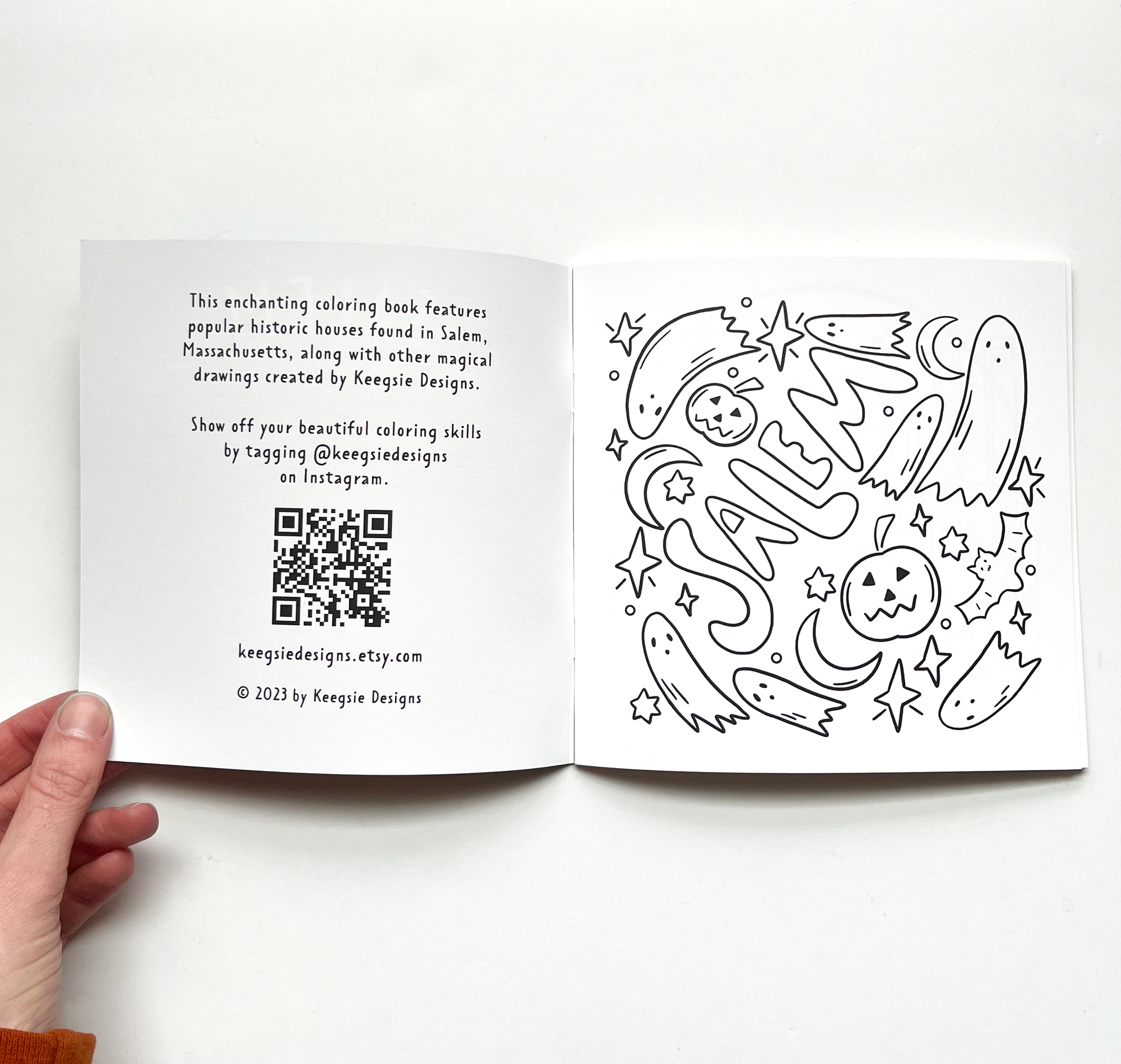 intro page of coloring book and other side shows salem doodles