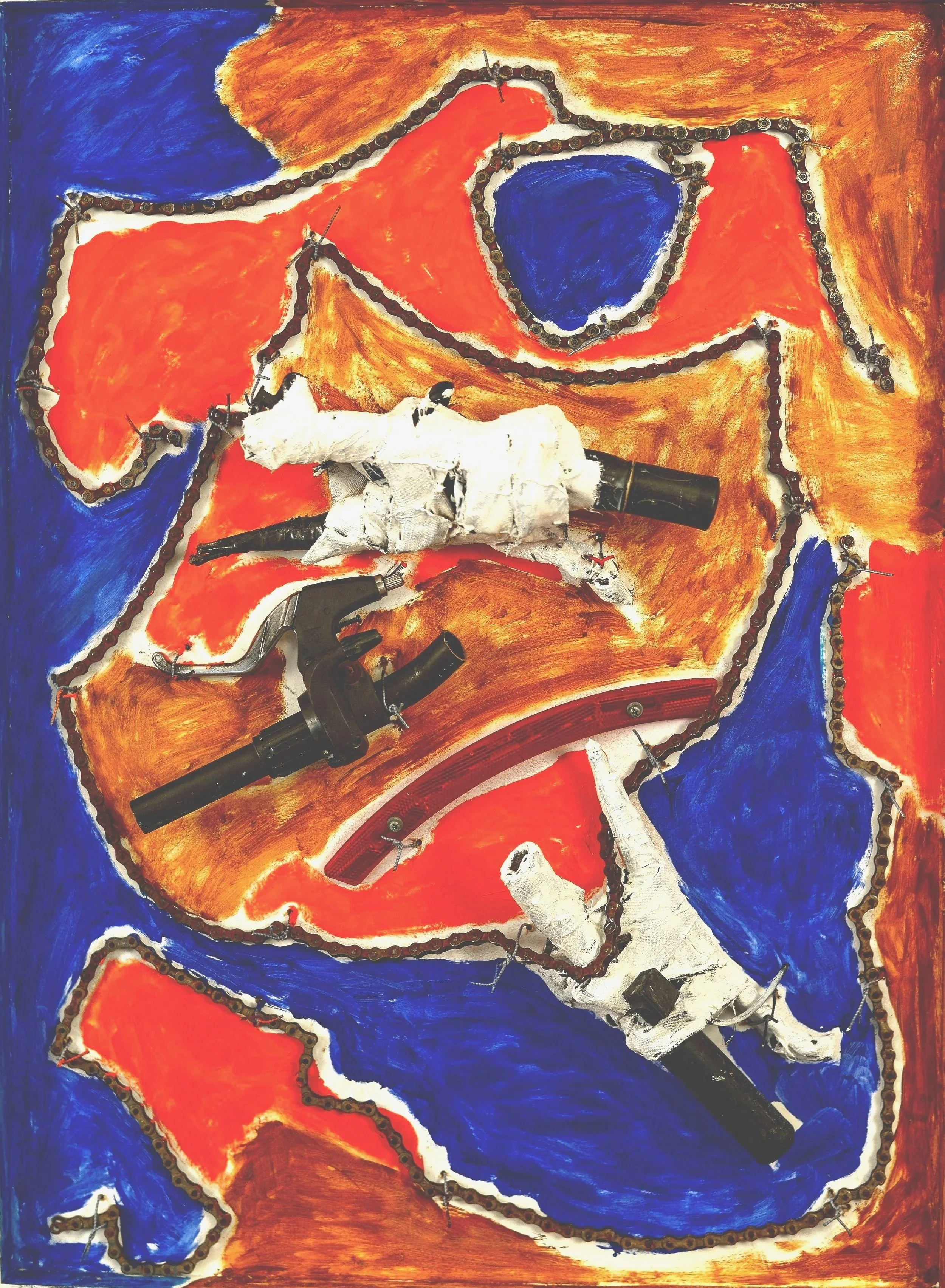 'Unchained' II Bike Handle Bars and Chains/Oil Paint on Wood 25x33x3" 2024.