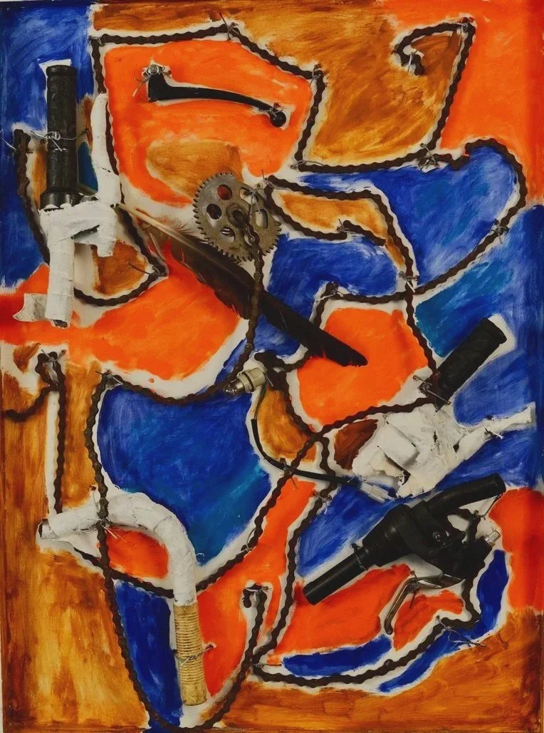 'Unchained'  · Collage  · 33" x 25"  · salvaged bicycle. parts, oil paint, and feather.