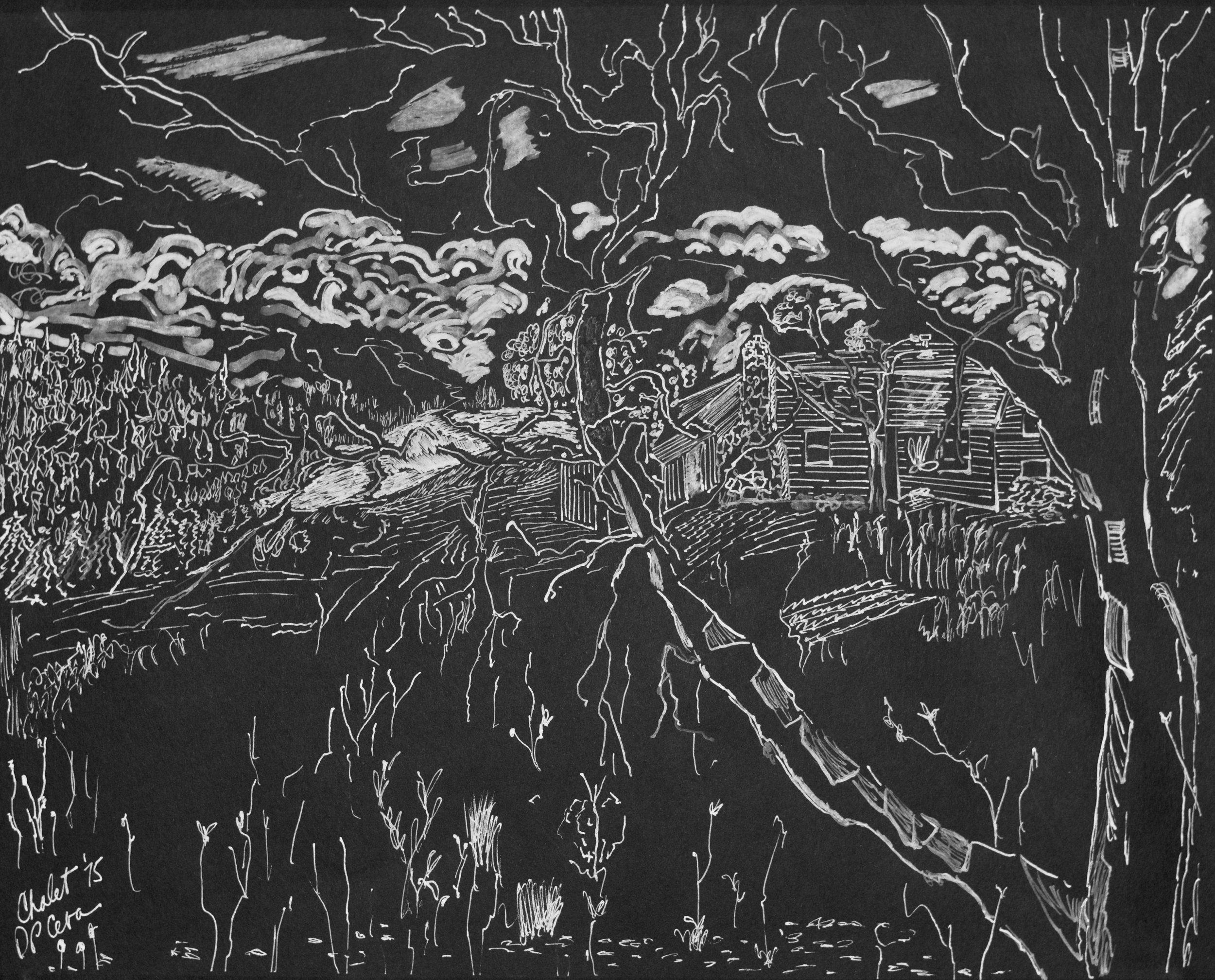 'Chalet on Conesus with Clouds' · Ink on Canson Paper  ·  12 x 15" ·  1975
