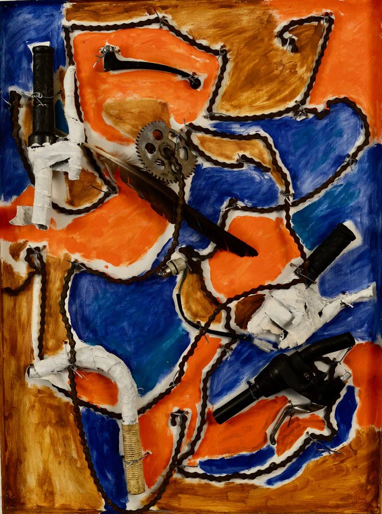 'Unchained'  · Collage  · 33" x 25"  · salvaged bicycle. parts, oil paint, and feather.