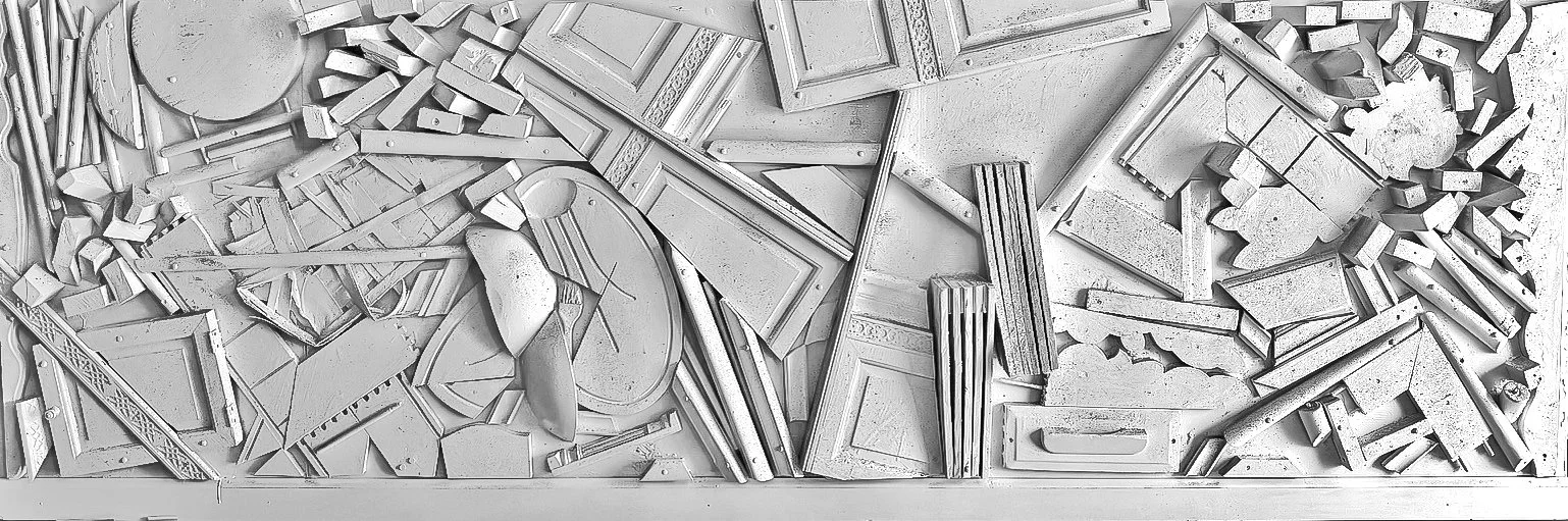 'Caffe' · Assemblage · Wood on Wood · 
120" x 40"  x  5". · 2001 ·