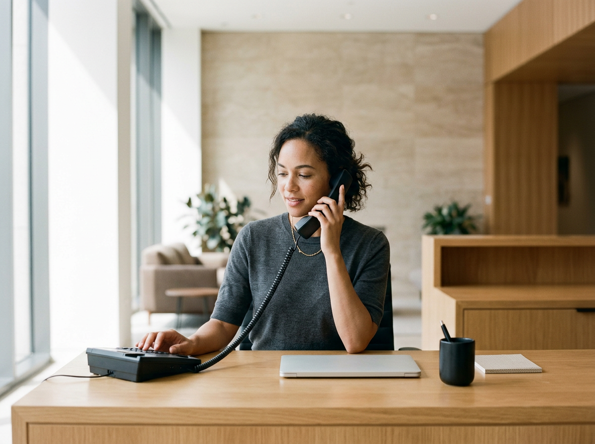 Woman in a gray shirt speaking on a corded telephone at a wooden desk with a laptop, notebook, and black pen holder, in a modern office with large windows and minimal decor.