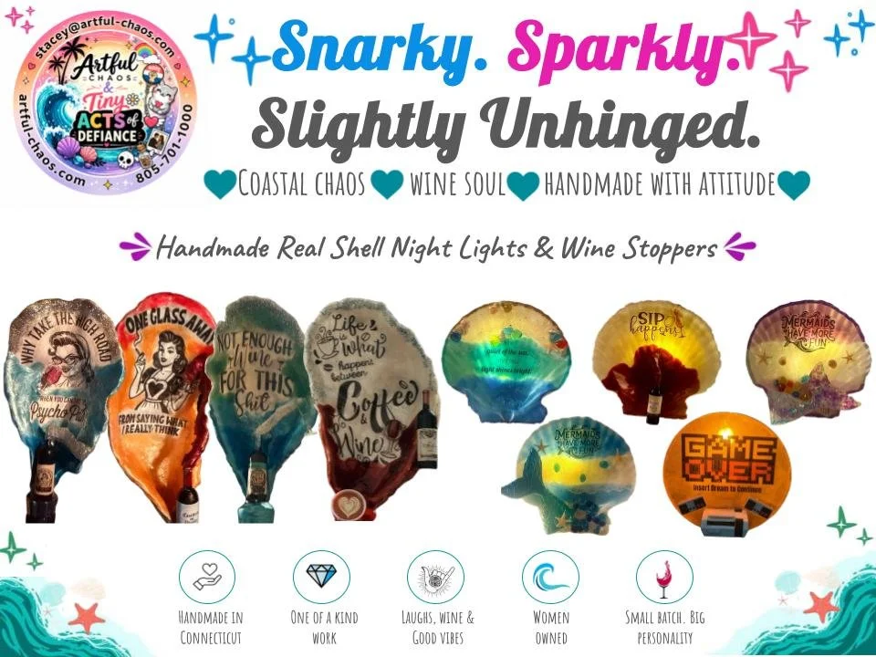 Collection of handmade wine stoppers shaped like shells, seashells, and whimsical designs with humorous and motivational quotes and artwork, displayed on a white background.