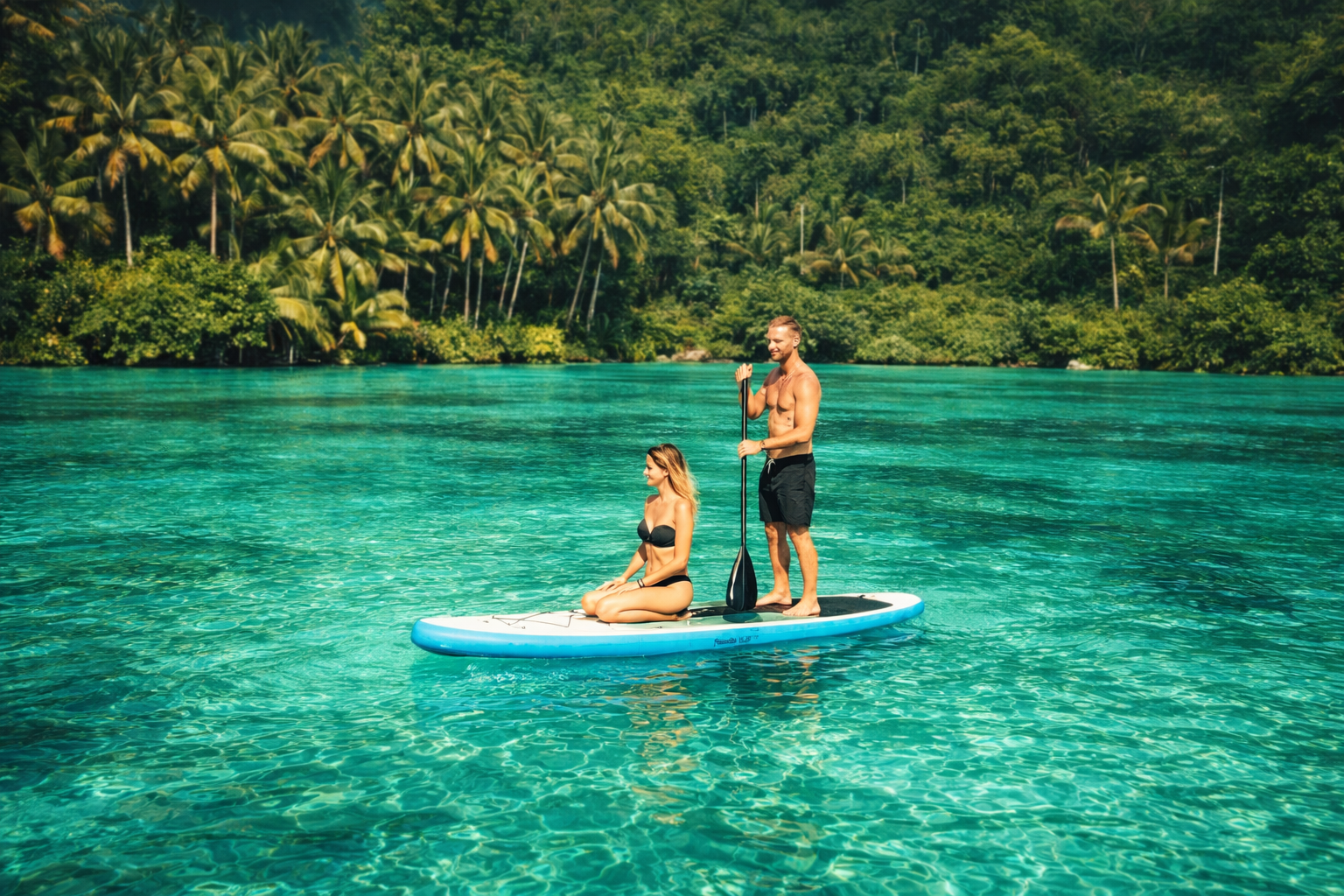 Couple en paddle sur un lagon tropical aux eaux cristallines entouré de palmiers, voyage de luxe