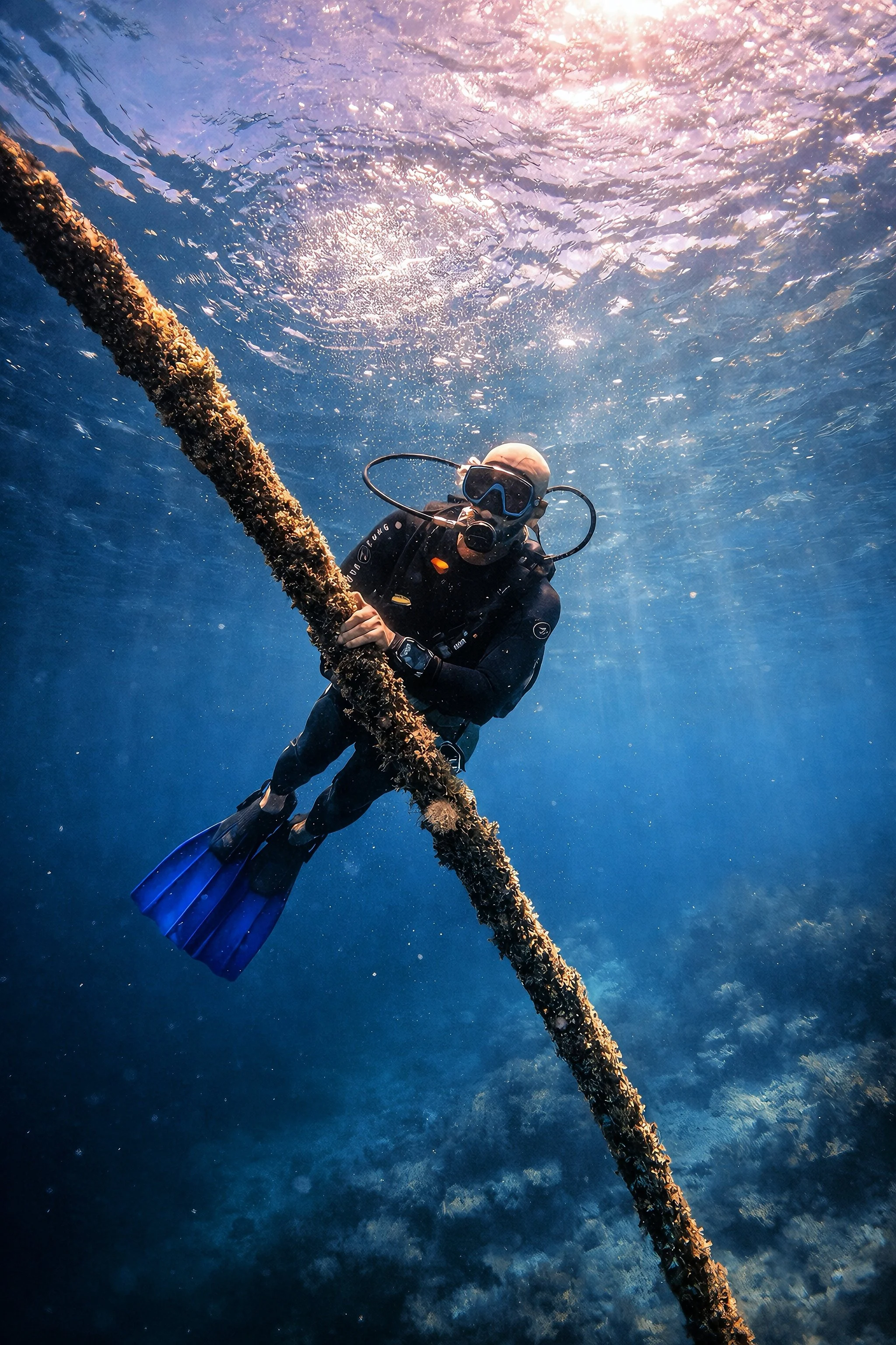 Plongeur en combinaison noire agrippé à une corde immergée dans un océan bleu cristallin, activité plongée sous-marine voyage