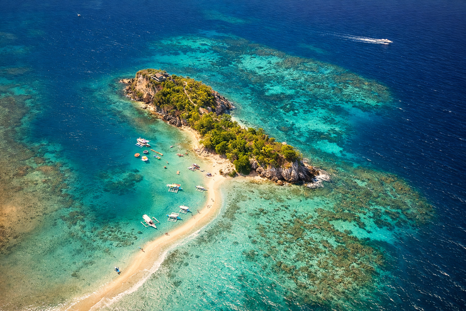 Vue aérienne d'une île tropicale entourée d'un récif corallien et d'un banc de sable blanc, destination voyage Asie du Sud-Est