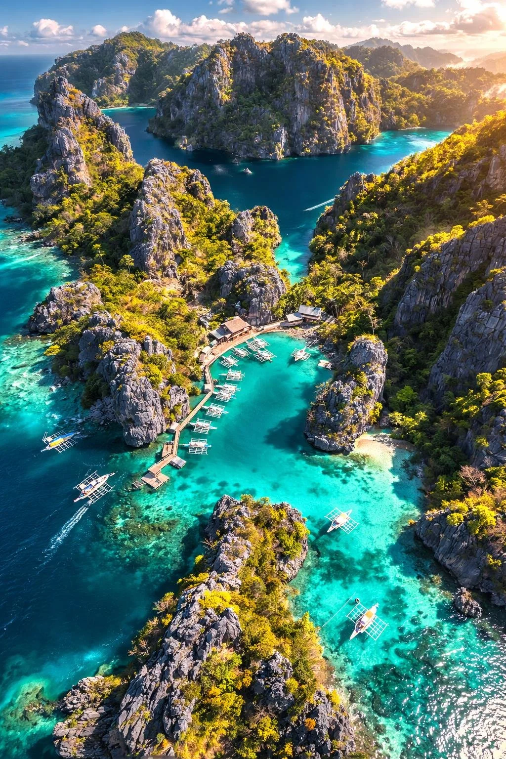 Vue aérienne de lagons turquoise et falaises calcaires aux Philippines, destination voyage paradisiaque