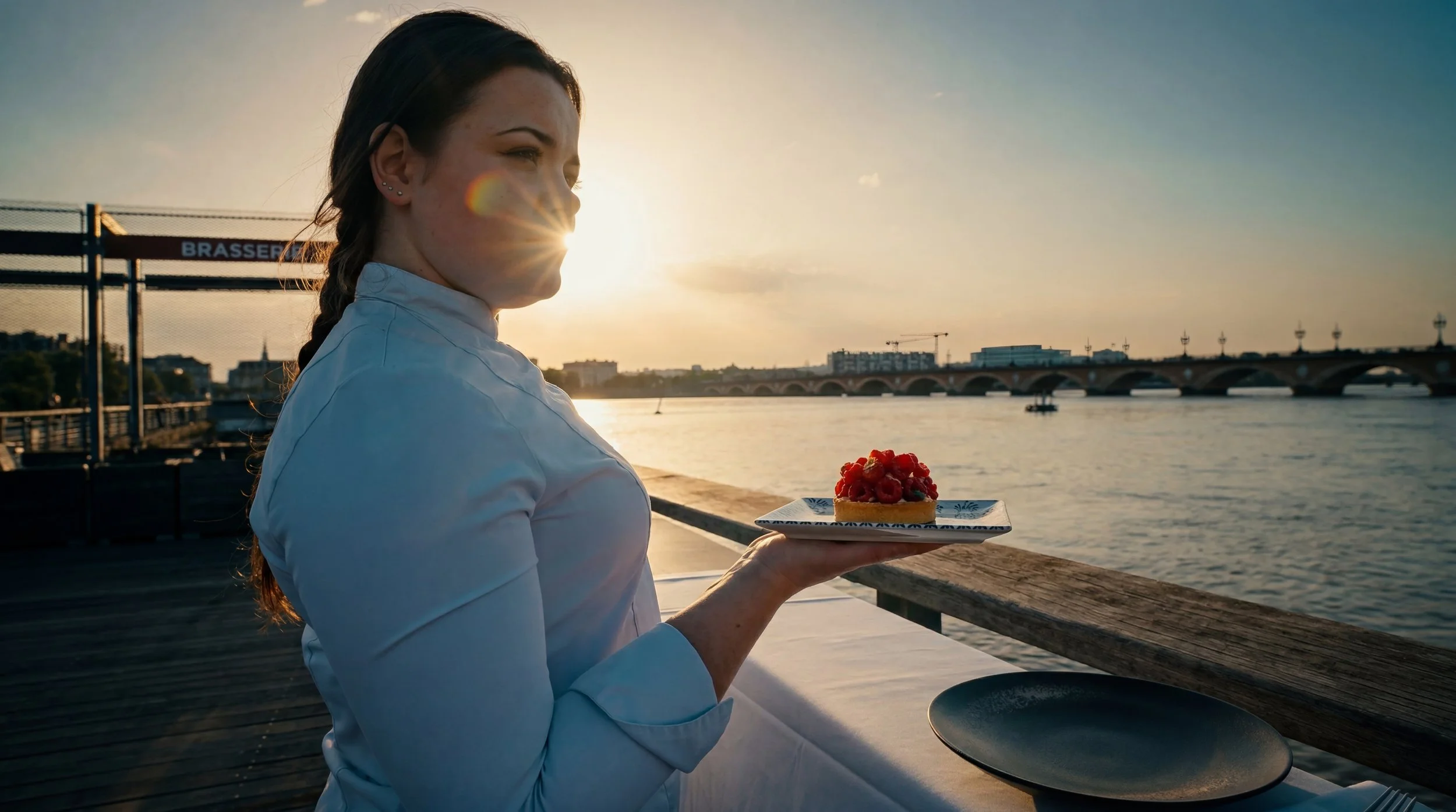Cheffe en veste blanche tenant une tarte aux fruits rouges en terrasse de brasserie au bord de l'eau au coucher du soleil, photographie culinaire restaurant