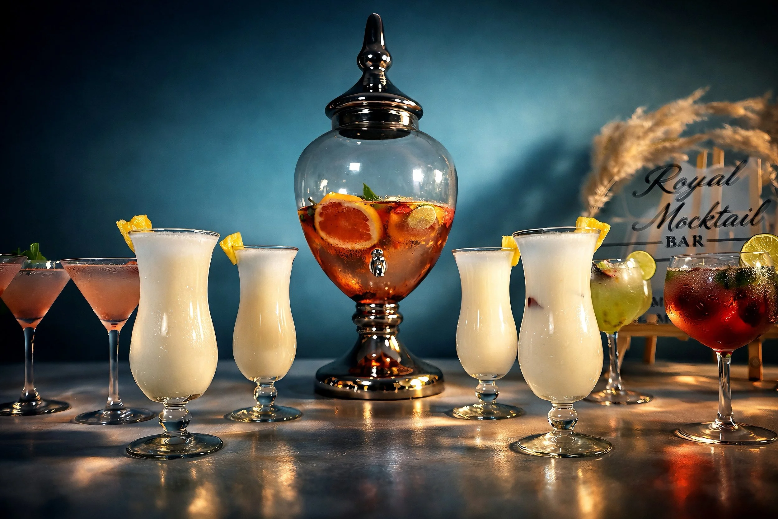 Une collection de cocktails colorés dans des verres élégants, avec un décor de bar en arrière-plan et une bouteille de sirop ou d'alcool au centre, le tout sur une surface refletante.