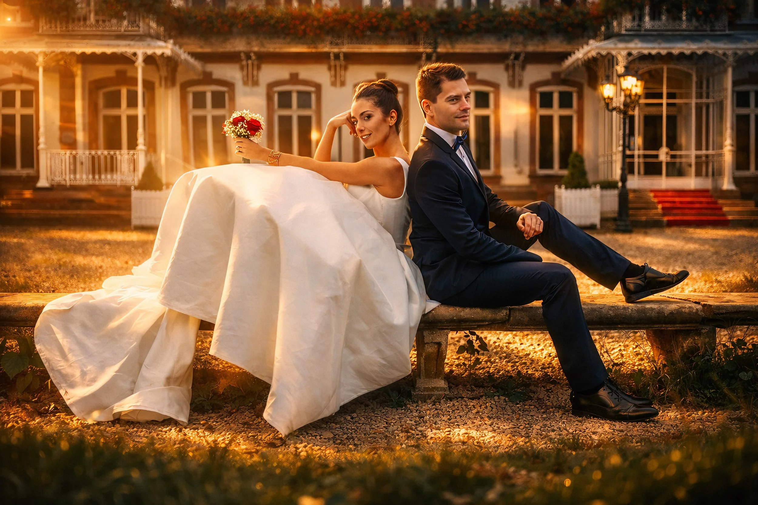 Couple de mariés élégants assis devant un château illuminé au crépuscule, photographe mariage Alsace