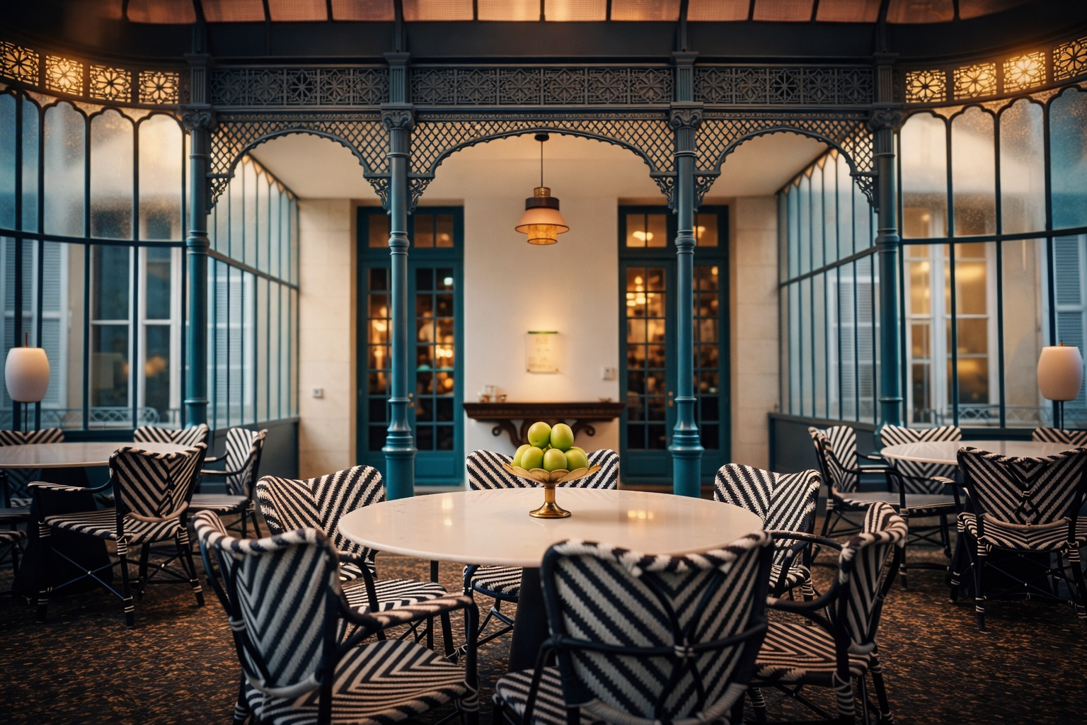Salle de restaurant élégante avec verrière métallique, chaises rayées noir et blanc et tables rondes blanches, décoration intérieure restaurant chic