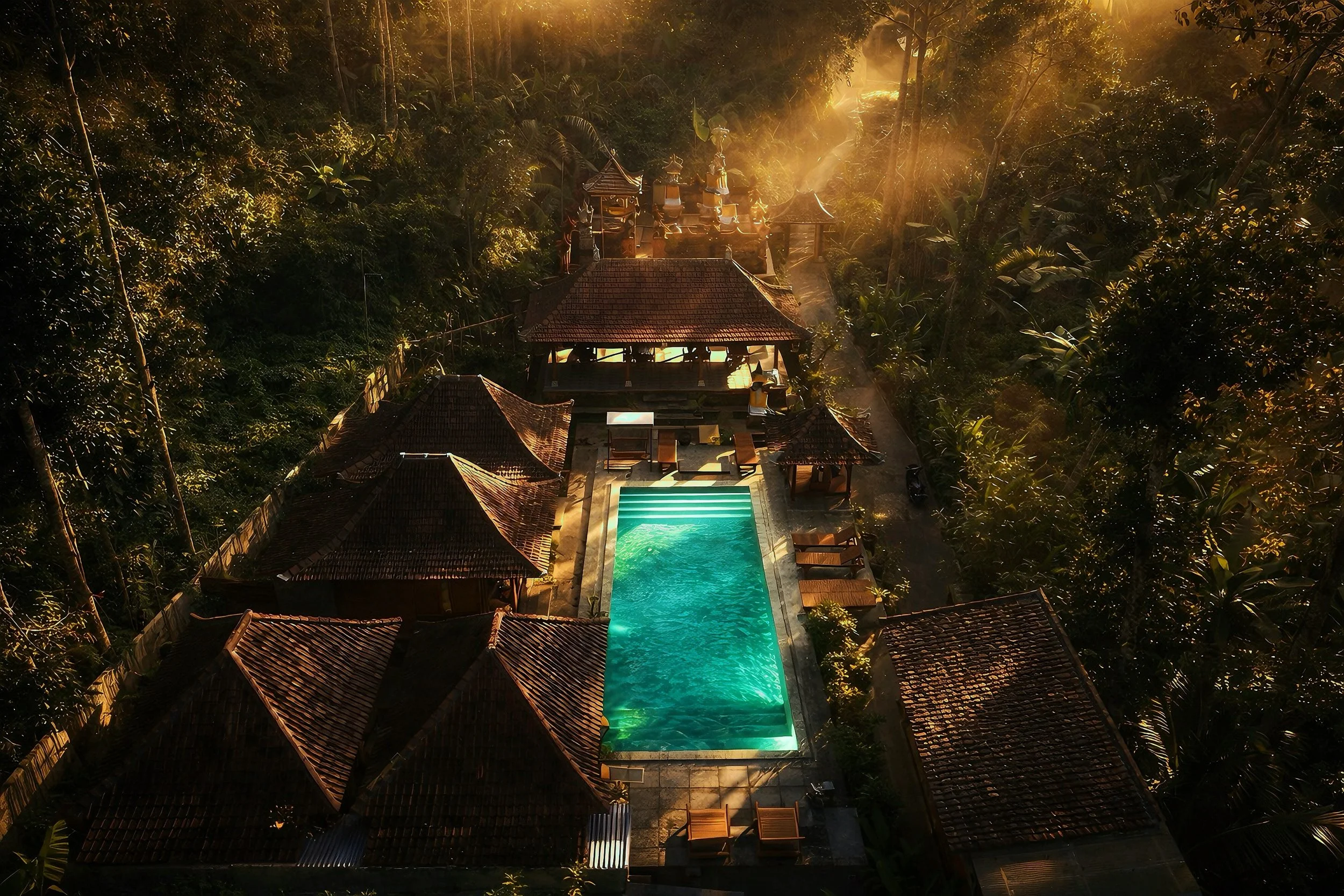 Vue aérienne d'une piscine longue et rectangulaire entourée de structures en bois avec des toits en tuiles, dans une forêt dense lors du lever ou coucher du soleil, avec la lumière dorée filtrant à travers les arbres.