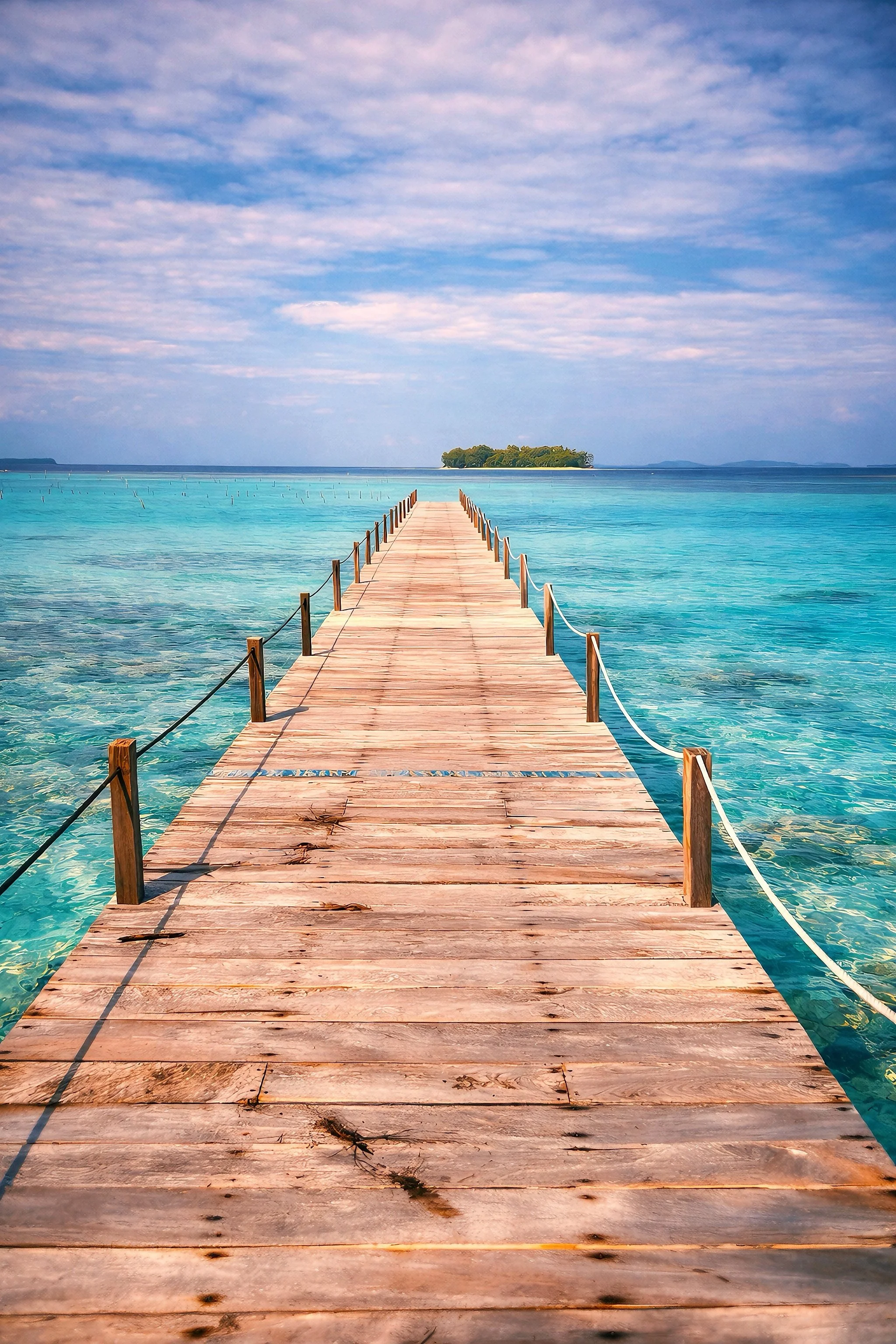 Ponton en bois s'avançant vers une île tropicale isolée entourée d'eaux turquoise, voyage paradisiaque