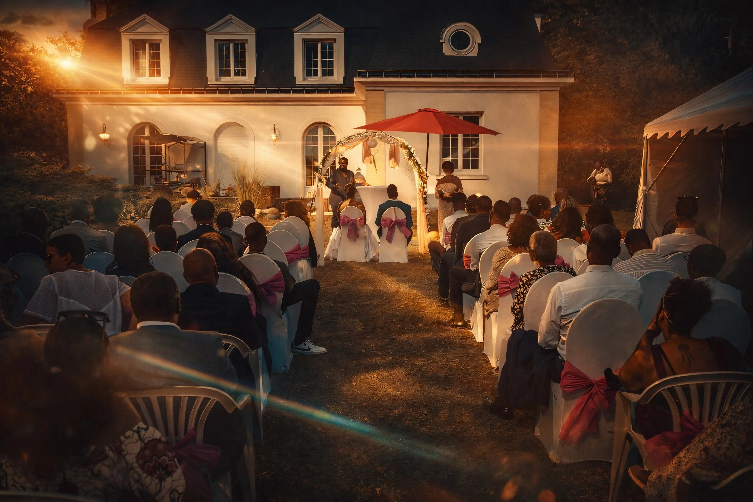 Cérémonie de mariage en plein air de nuit avec invités et château illuminé, vidéo événementiel Alsace
