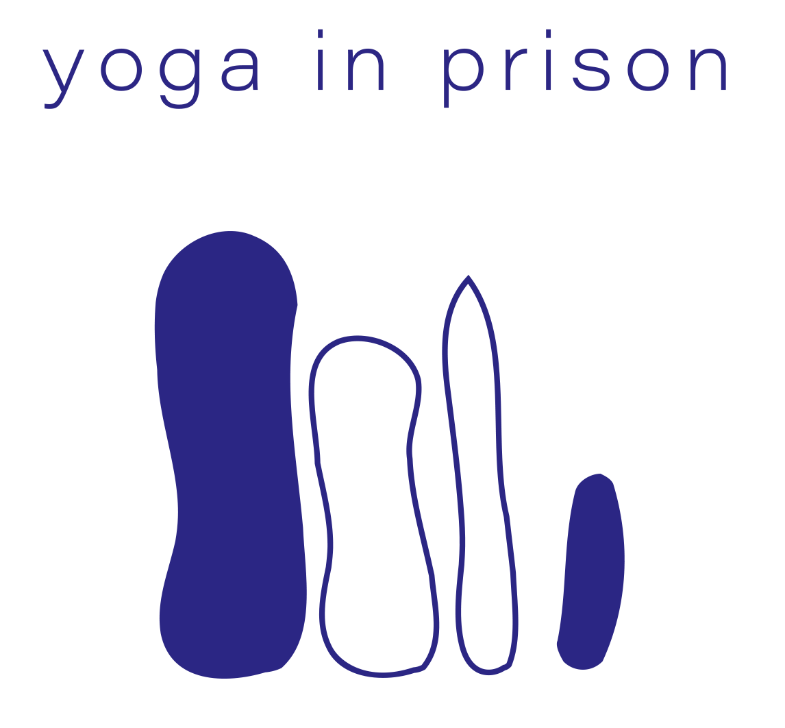 Outline of multiple human figures in varying sizes with the text "yoga in prison" at the top.