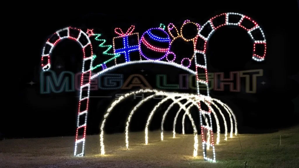 Completed custom-built outdoor Christmas Entry Drive Thru Tunnel by Mega Light Show