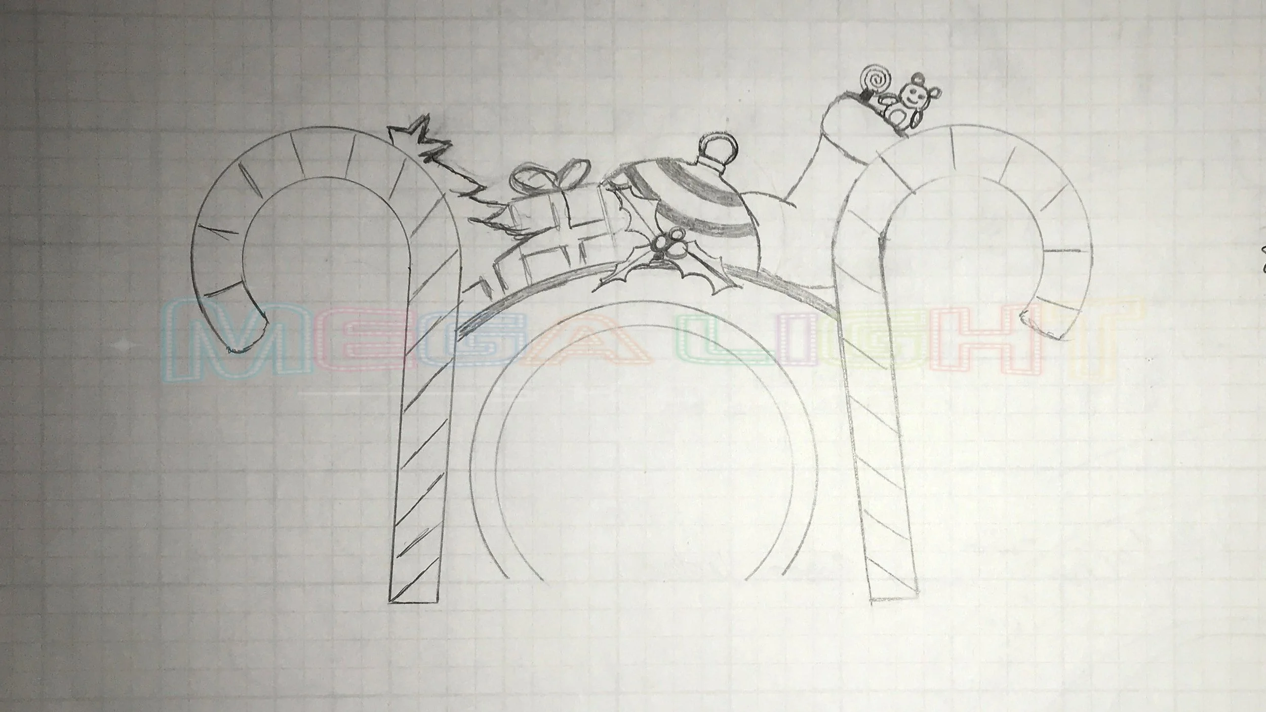 Commercial holiday light show concept sketch for a custom-built 2D candy cane drive-thru entrance tunnel