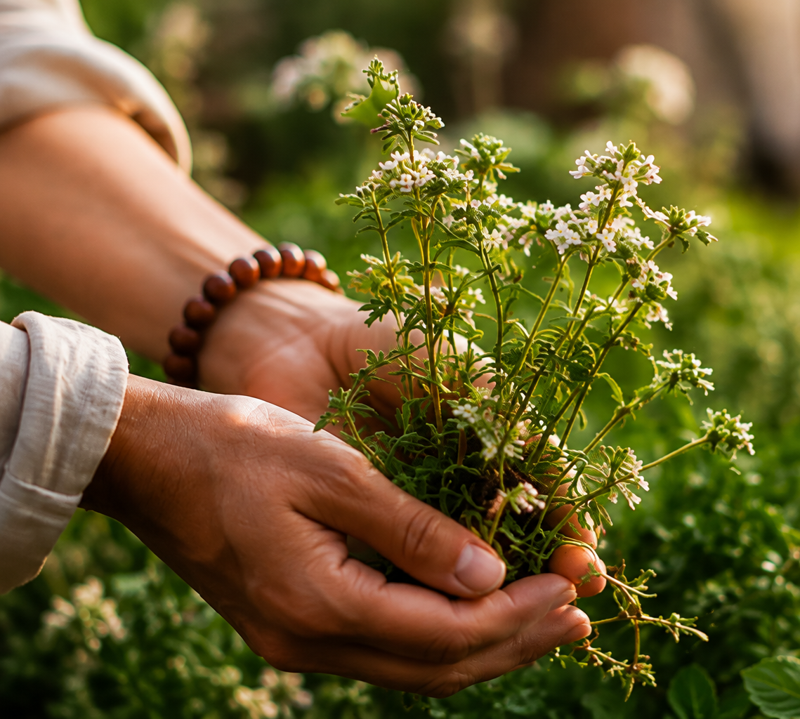 Two hands holding a small potted plant with tiny white flowers, sunlight shining on the scene.
