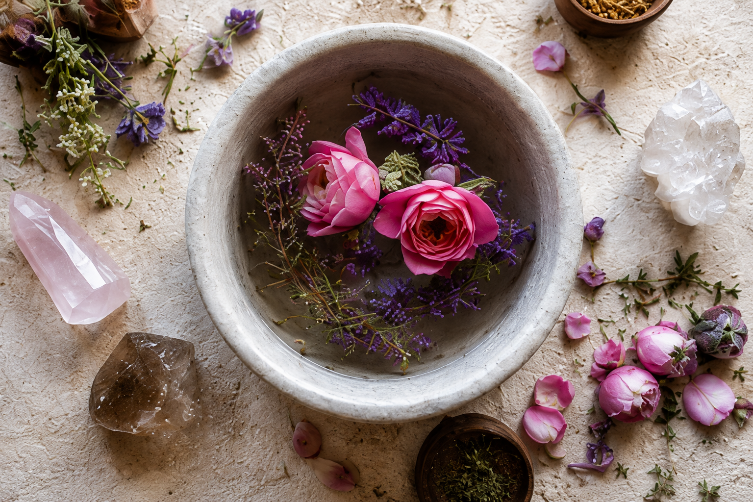 Pink roses and purple flowers floating in a stone bowl surrounded by loose pink and purple flowers, crystals, and small bowls with herbs on a textured beige surface.