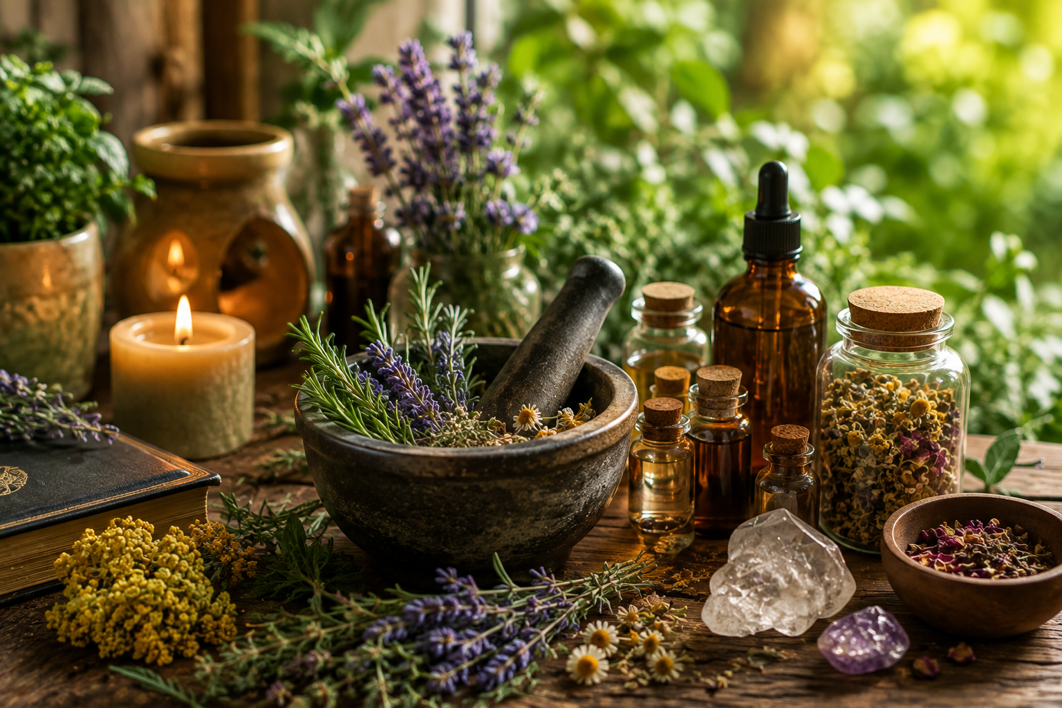 A collection of herbs, flowers, and apothecary items on a wooden surface, including a mortar and pestle, glass jars, and a lit candle, set outdoors with greenery in the background.