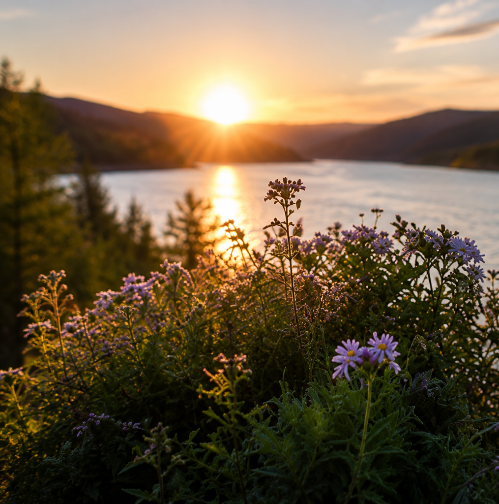 Sunset over a river with mountains in the background and purple flowers in the foreground.