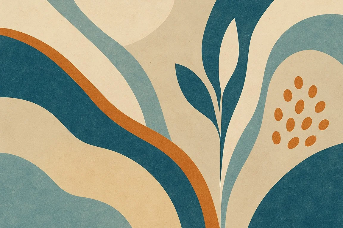 Abstract floral pattern with curved blue, teal, and orange shapes on a beige background.