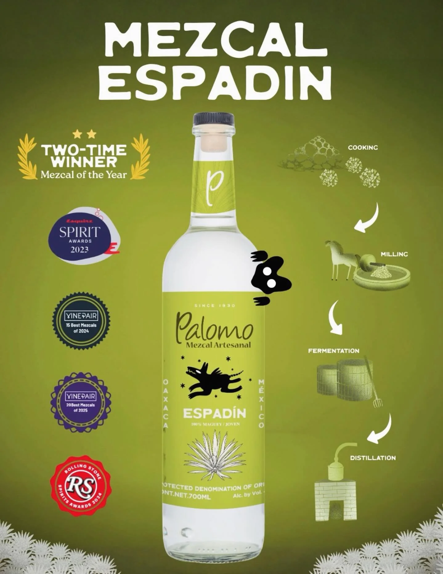 🌵Palomo Mezcal Espad&iacute;n🌵

🏆 Two-Time Winner: Mezcal of the Year 🏅 Multiple award-winning across international spirits competitions

A true reflection of Oaxaca craftsmanship 💚

Available at Artisan!