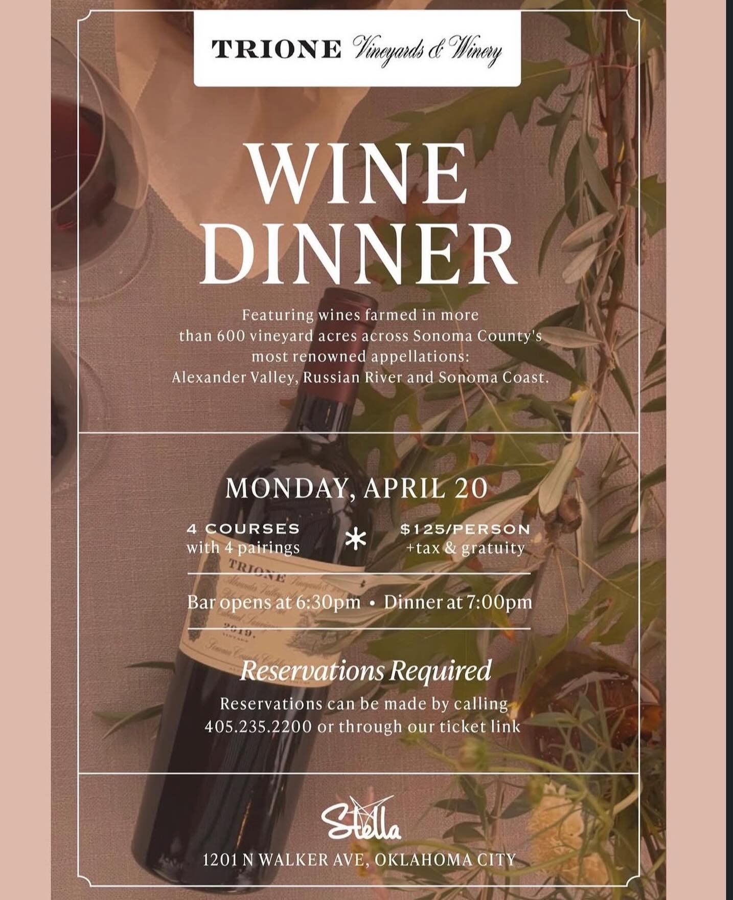 ✨ Trione Wine Dinner at Stella Modern Italian Cuisine ✨

An elevated multi-course experience featuring Trione wines paired alongside a creative, seasonal menu

📅 April 20 ⏰ 7:00 PM

A fresh, expressive lineup from Sonoma County&mdash;highlighting ev