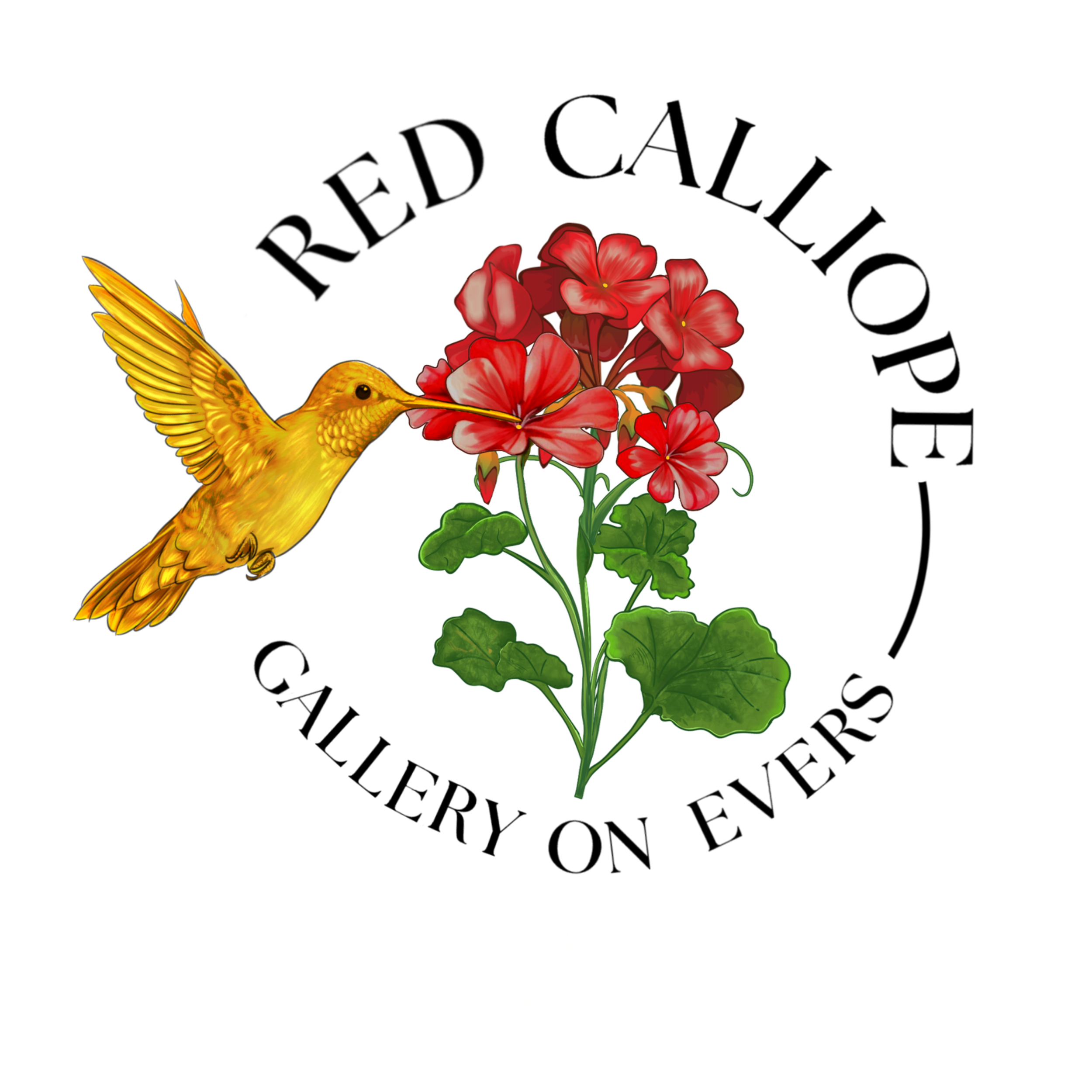 Colorful illustration of a yellow hummingbird approaching red flowers with green leaves against a black background.