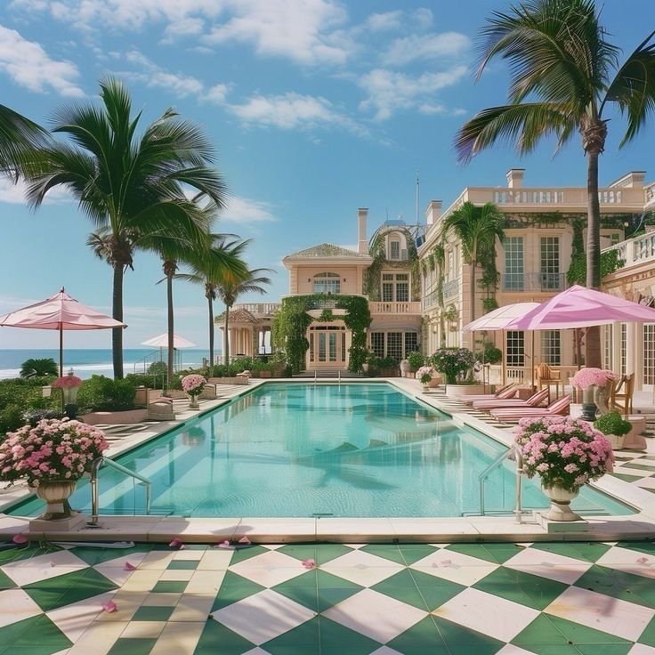 Luxury seaside villa with a swimming pool, surrounded by palm trees, pink umbrellas, and flowering plants, overlooking the ocean under a blue sky.