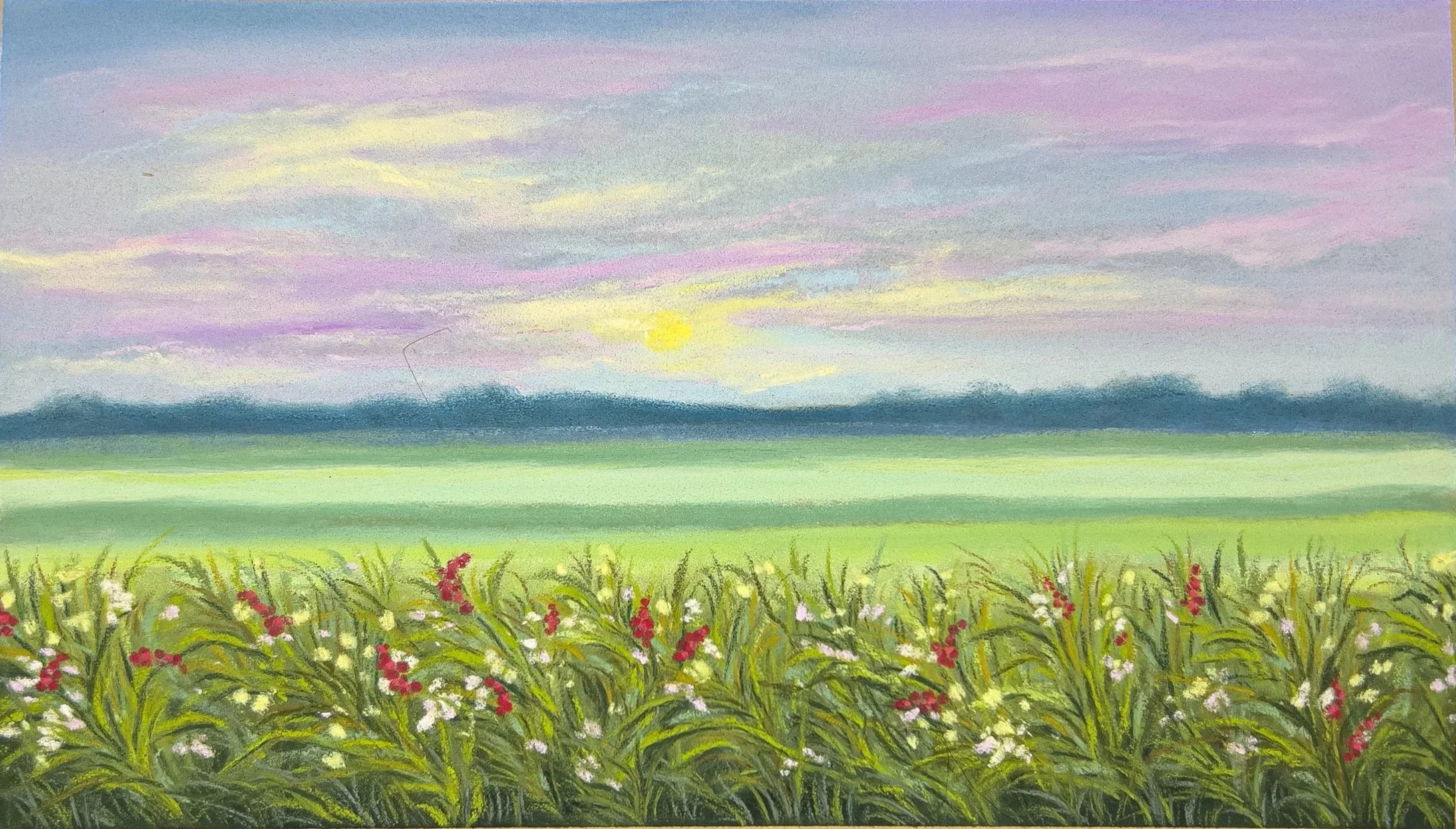 A landscape painting of a sunrise over a field with flowers, rolling hills and a sky with pink, purple, and yellow clouds.