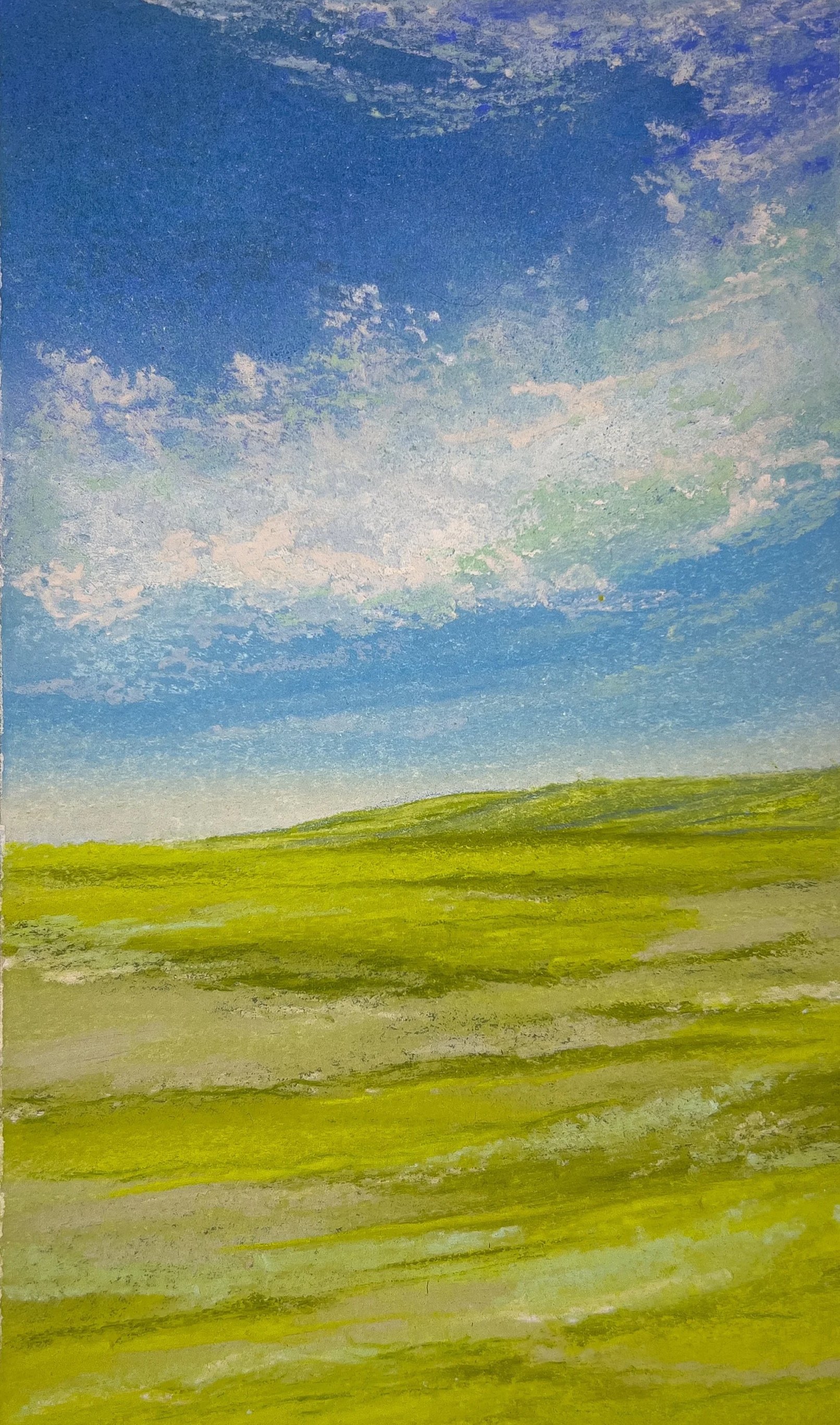 A soft pastel landscape painting showing green grassy fields under a partly cloudy blue sky.
