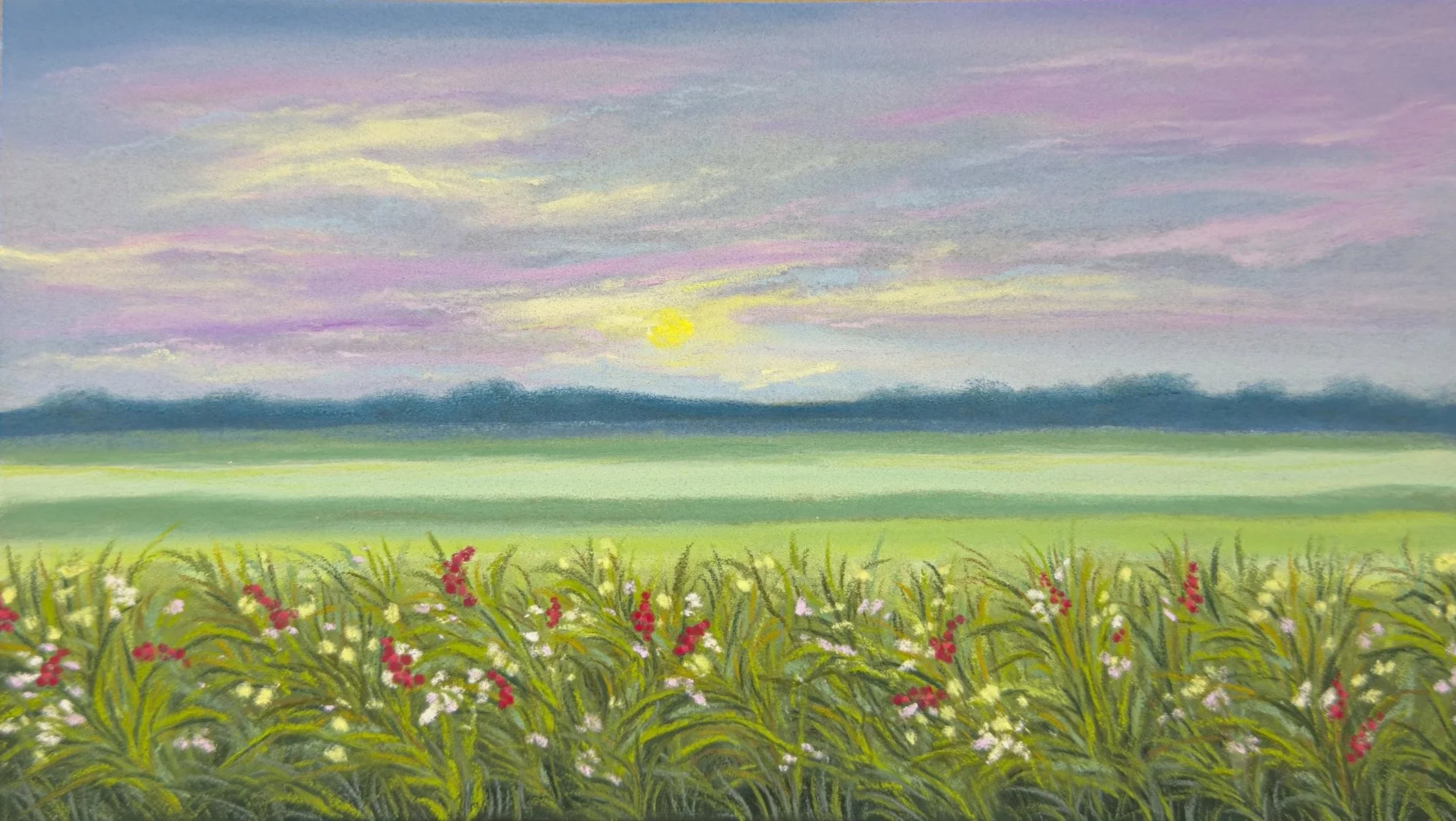A colorful soft pastel landscape painting of a field of tall grasses and wildflowers with a sunset sky in pastel purple, pink, and yellow hues, and distant mountains on the horizon.