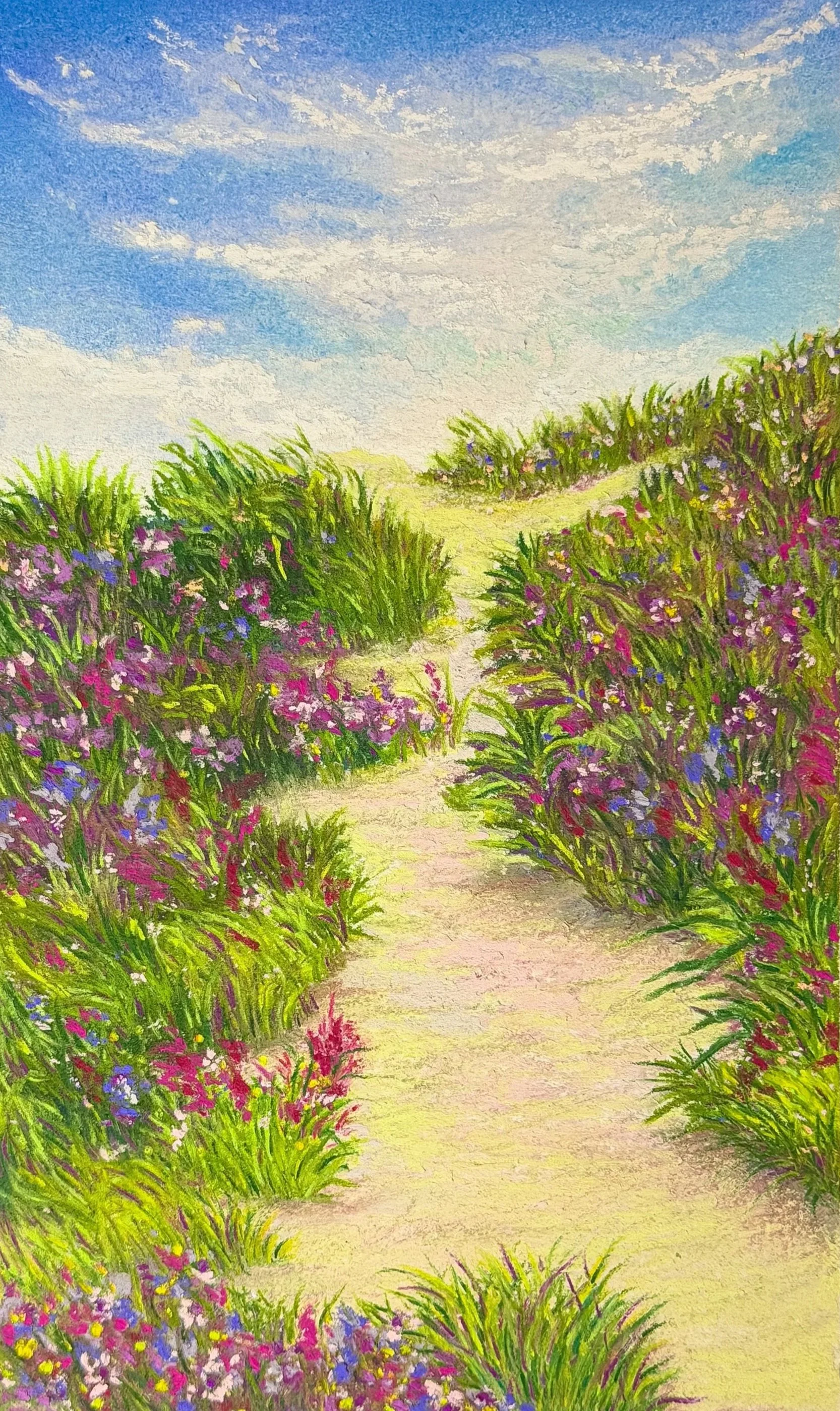 Colorful painting of a flower garden path with blooming purple, pink, and blue flowers under a partly cloudy blue sky.