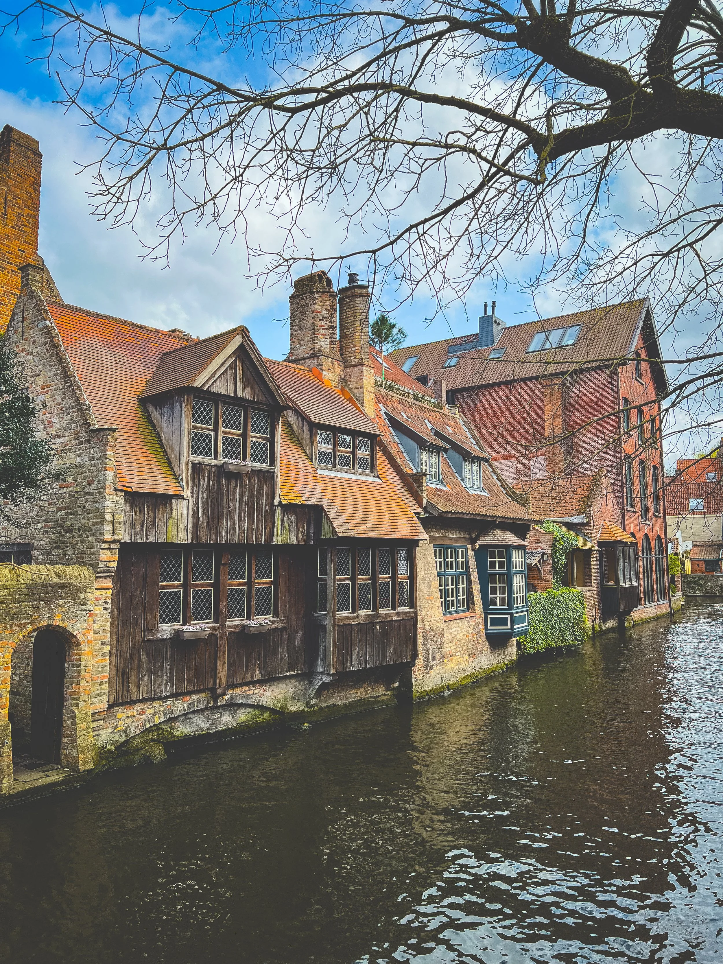Historic wooden houses with red-tiled roofs along a canal in Bruges, with leafless tree branches overhead and a partly cloudy sky.
