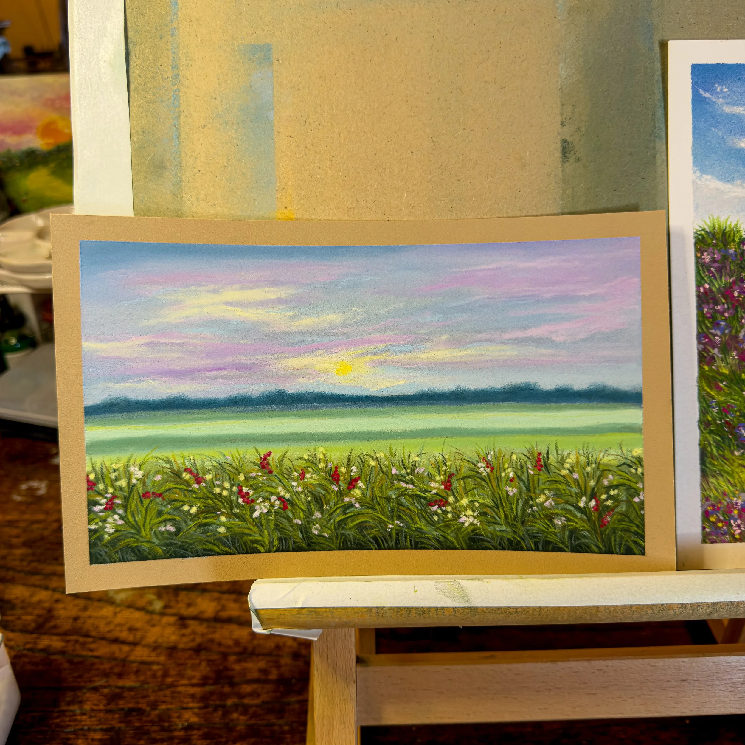 A soft pastel landscape painting of a sunset over a grassy field with flowering plants, with a distant horizon and colorful sky.