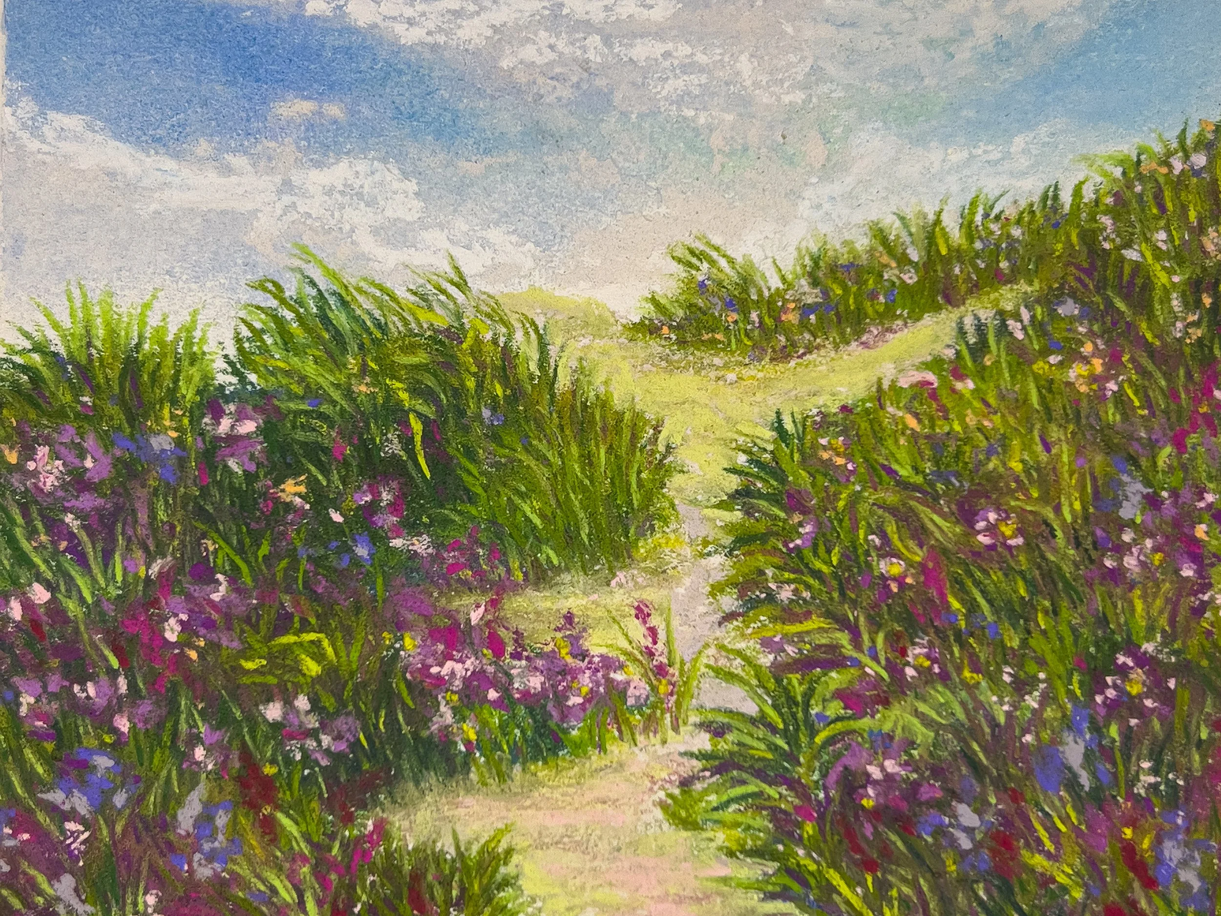 A colorful soft pastel painting of a pathway through a lush grapevine vineyard under a partly cloudy sky.