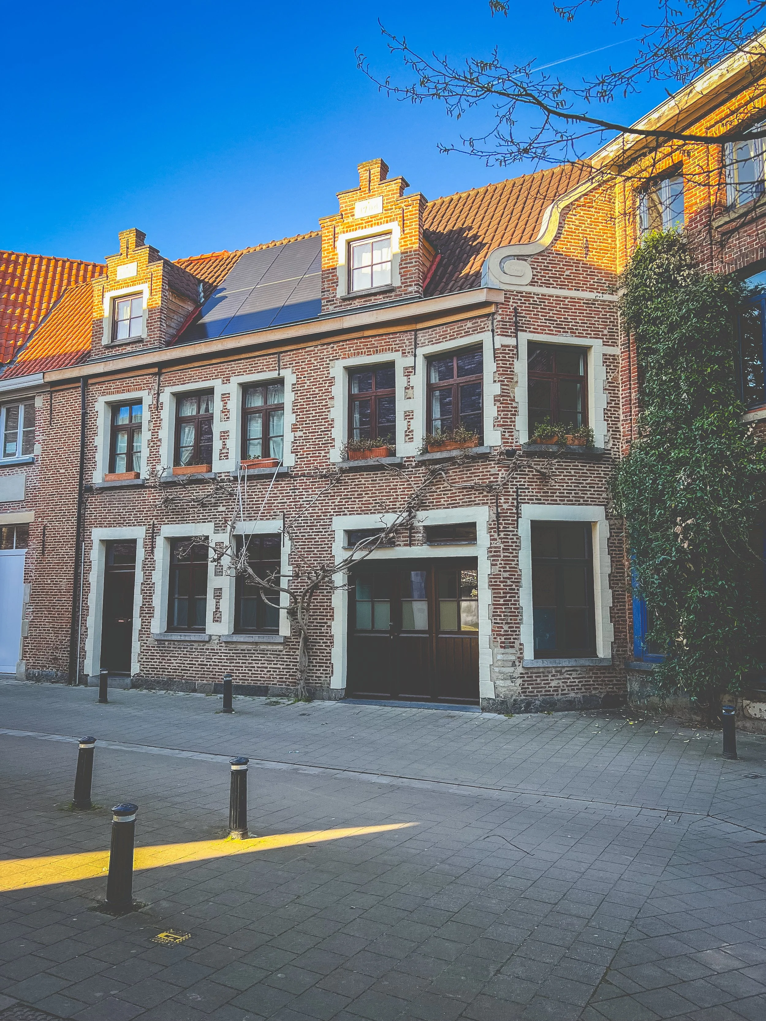 A brick building with multiple windows, some with flower boxes, a black gate, and a small tree in front, under a bright blue sky, Gent, Belgium.