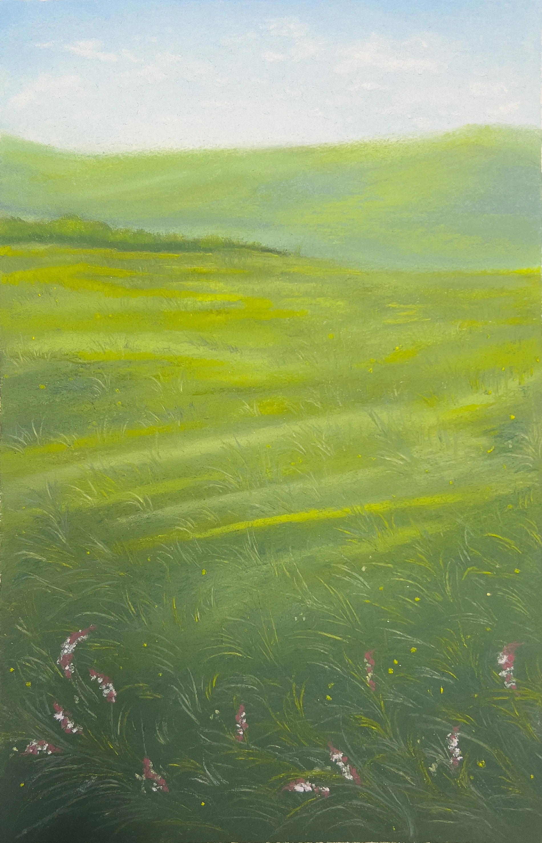 A soft pastel painting of a lush green meadow with rolling hills in the background and pink flowers in the foreground.