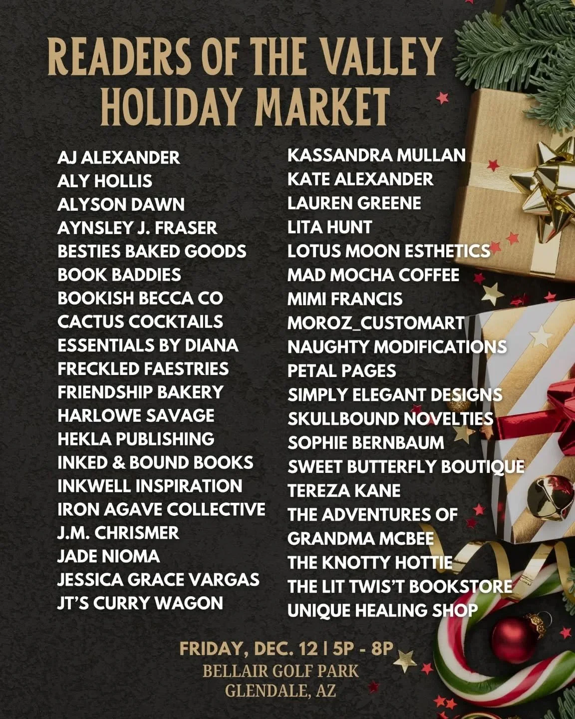 ✨🎄 CHECK OUT THIS AMAZING LINEUP! 🎄✨

I&rsquo;m so excited to share the incredible authors and vendors who will be joining us for the Readers of the Valley Holiday Market at Bellair Golf Park! This event is packed with talent, creativity, and tons 