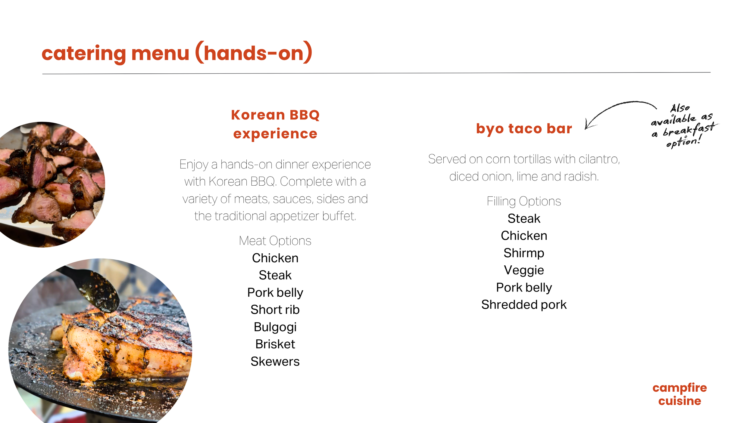 Menu page featuring Korean BBQ experience and byo taco bar options, with photos of grilled meat and steak, and handwritten note mentioning breakfast option.