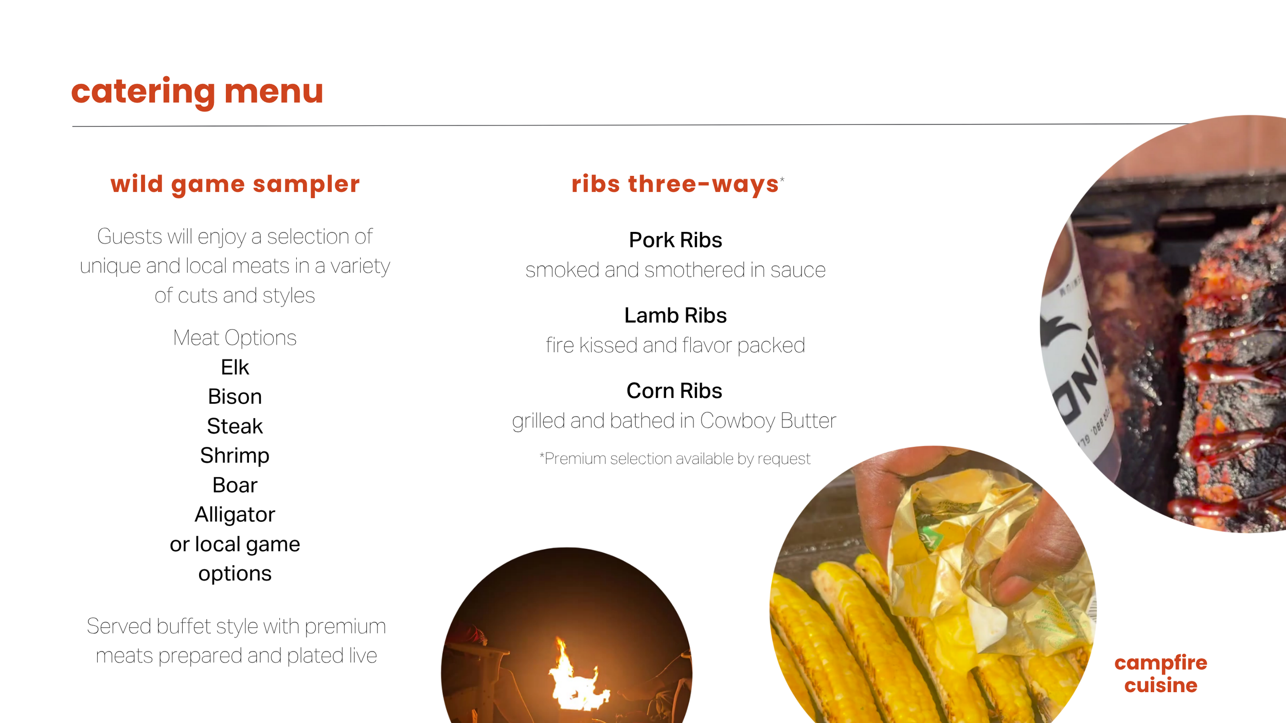 Catering menu with sections for wild game sampler and ribs three-ways, featuring dishes like pork ribs, lamb ribs, and corn ribs, alongside images of grilled corn and open flame grilling.