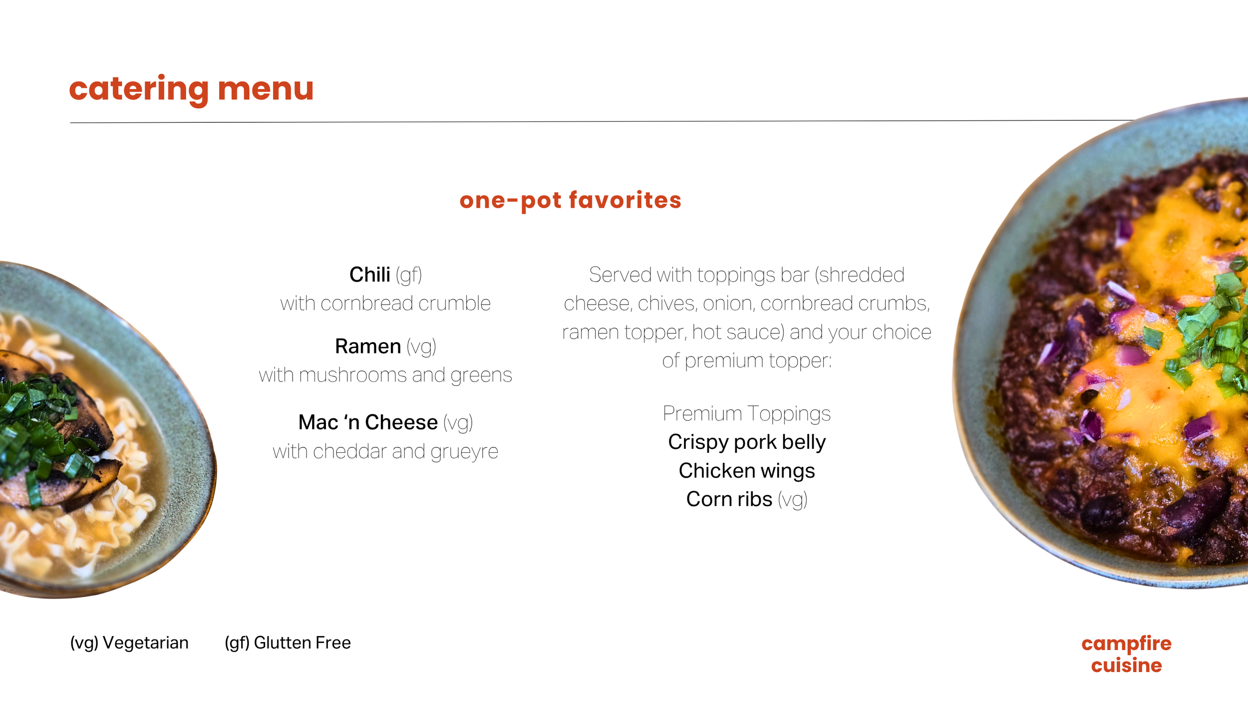 Catering menu featuring one-pot favorites including chili, ramen, and mac and cheese, with a picture of a bowl containing chili topped with shredded cheese and herbs.
