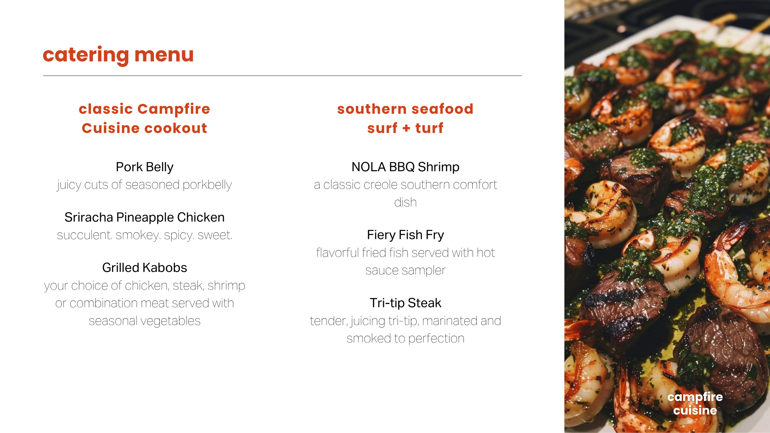 Catering menu for a summer seafood and cuisine event, featuring dishes like pork belly, pineapple chicken, grilled kabobs, shrimp, fish fry, and tri-tip steak, with a background photo of seasoned seafood.