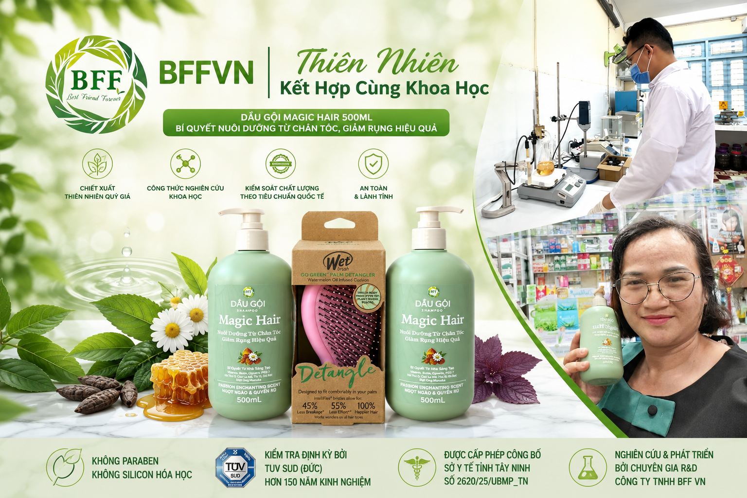 Advertisement for natural, science-backed hair care products with bottles of shampoo and a hair detangler, featuring research, safety, and quality certification logos, with a scientist at work and a woman holding the product in a pharmacy or lab setting.