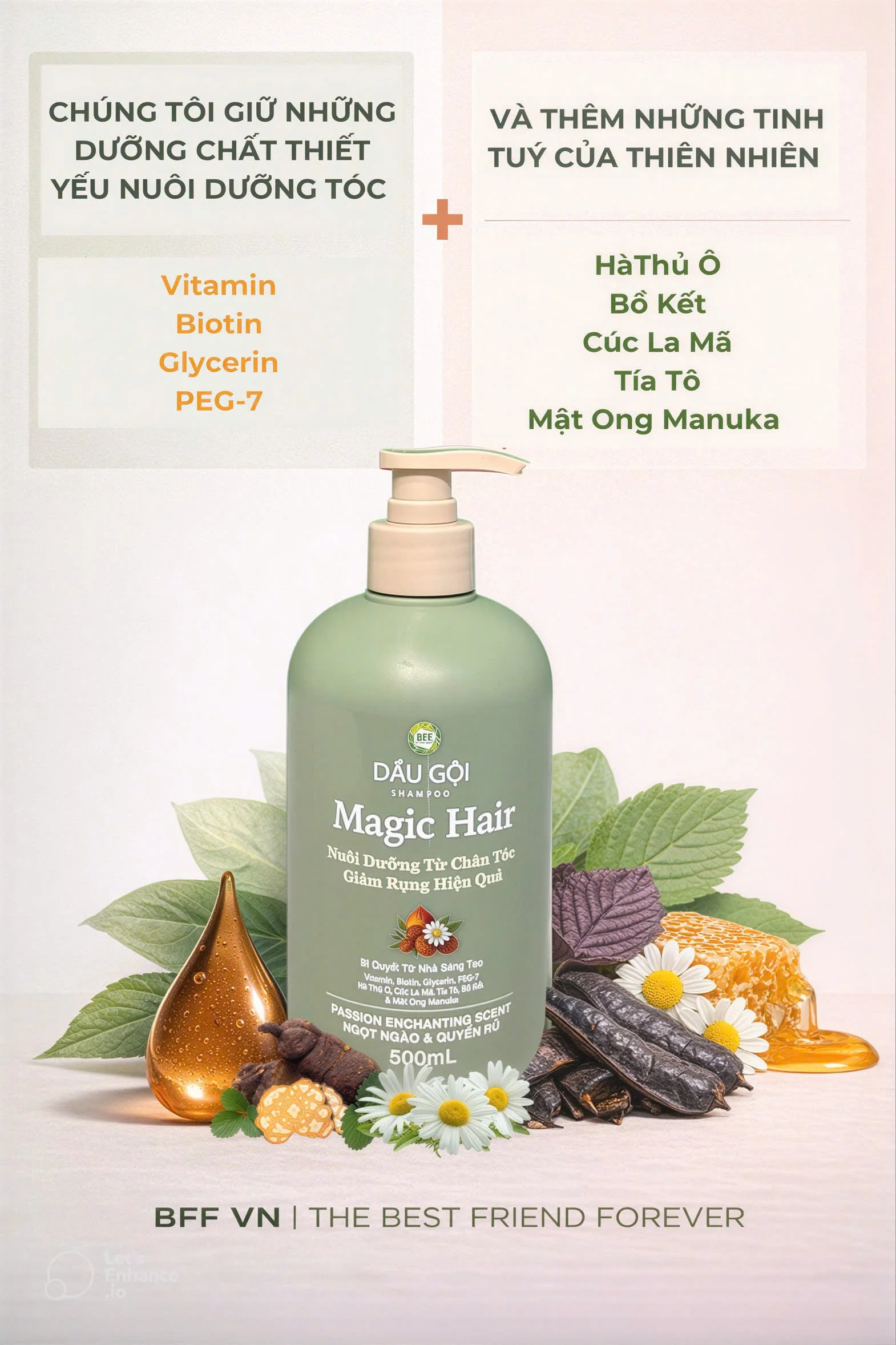 A promotional poster for Magic Hair shampoo featuring natural ingredients like honey, chamomile, and herbs. Includes text about essential nutrients and natural extracts, with a bottle of shampoo in the center surrounded by flowers, honey, and herbal ingredients.