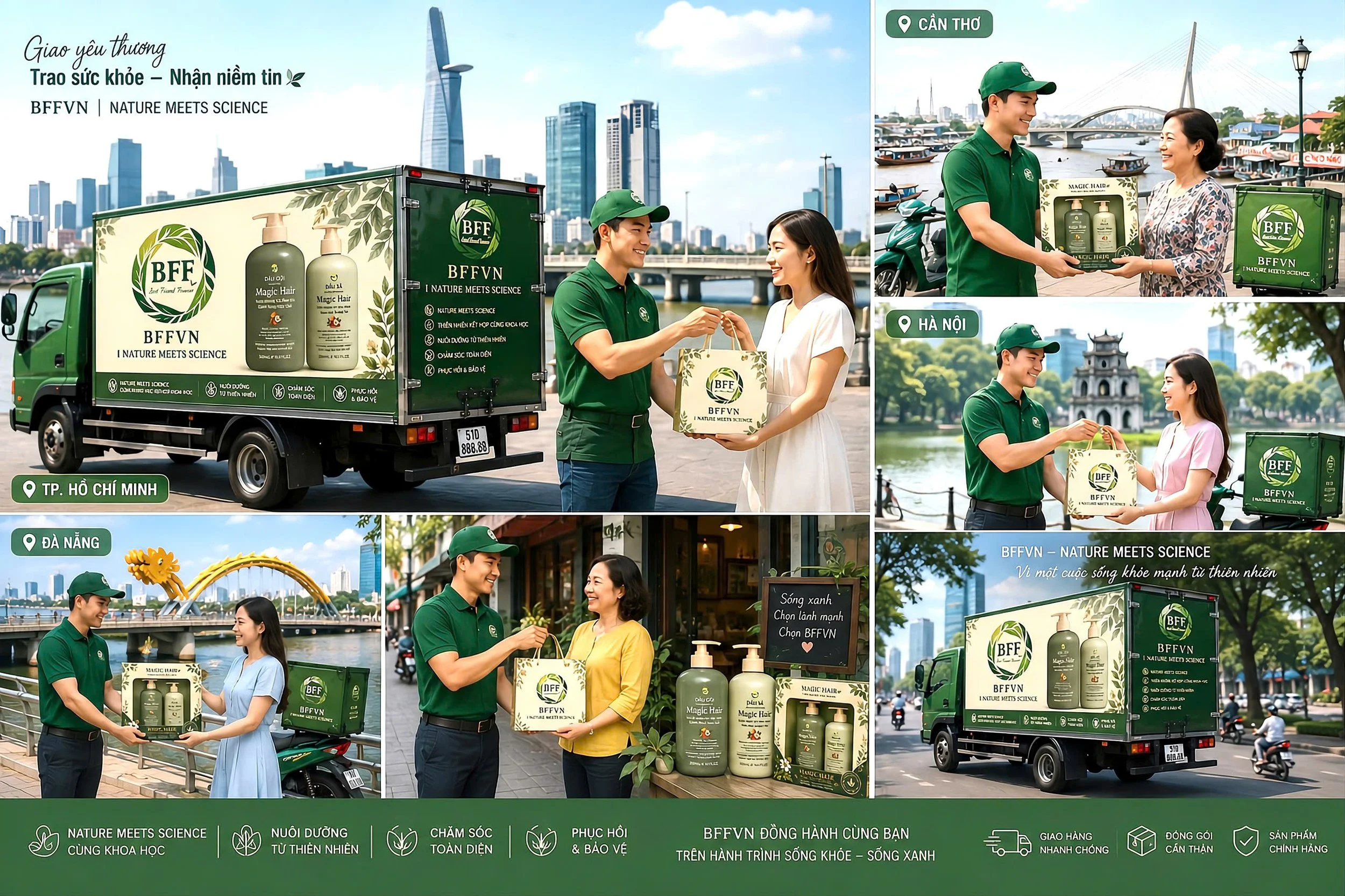 Various scenes of street marketing in Vietnamese cities featuring delivery trucks and individuals exchanging products, promoting BFFVN natural and scientific health and beauty products. Locations include Ho Chi Minh City, Hanoi, and Da Nang. The scenes highlight interaction between the brand representative and customers, with city landmarks and river scenes in the background.