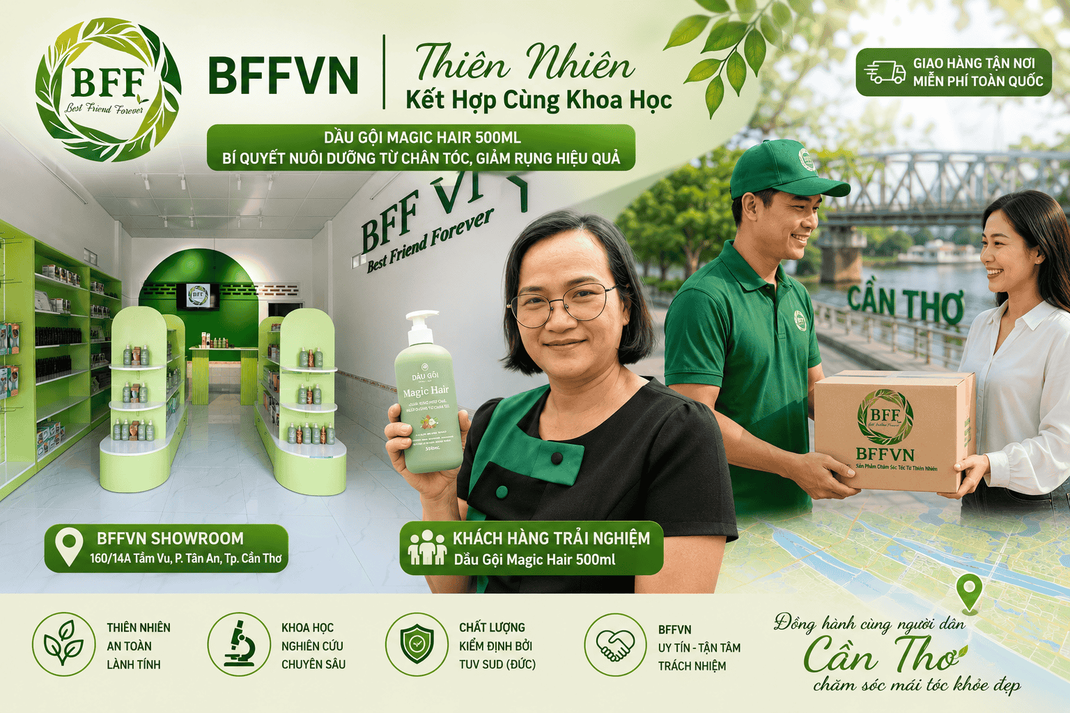 A promotional poster for BFF, a natural hair care product company, featuring the interior of a showroom, a woman holding a bottle of Magic Hair shampoo, a delivery person handing over a box to a woman, and various icons highlighting product benefits such as natural ingredients, scientific research, quality testing, and trustworthiness. The poster includes contact information, location details, and slogans emphasizing the company's commitment to health, safety, and customer satisfaction.
