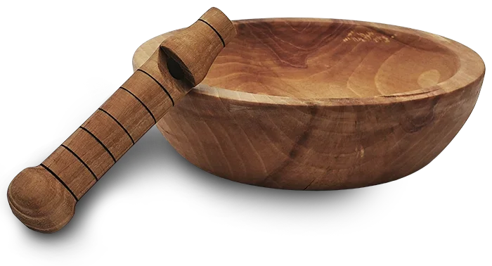 Gedrechselte Holzschale aus dunklem Holz mit passendem Stößel